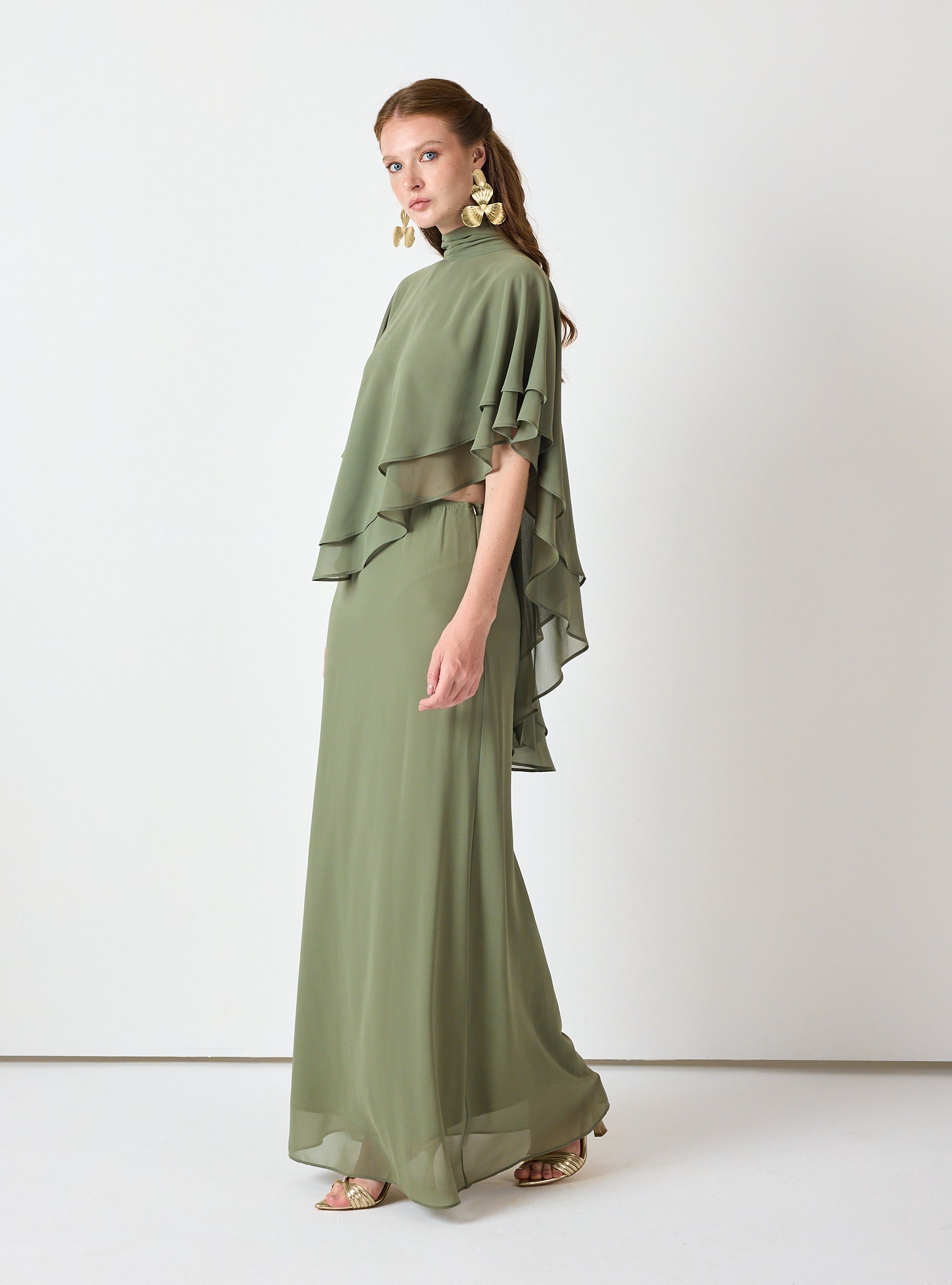 Army Green Chiffon Skirt Set with Layered Cape Top