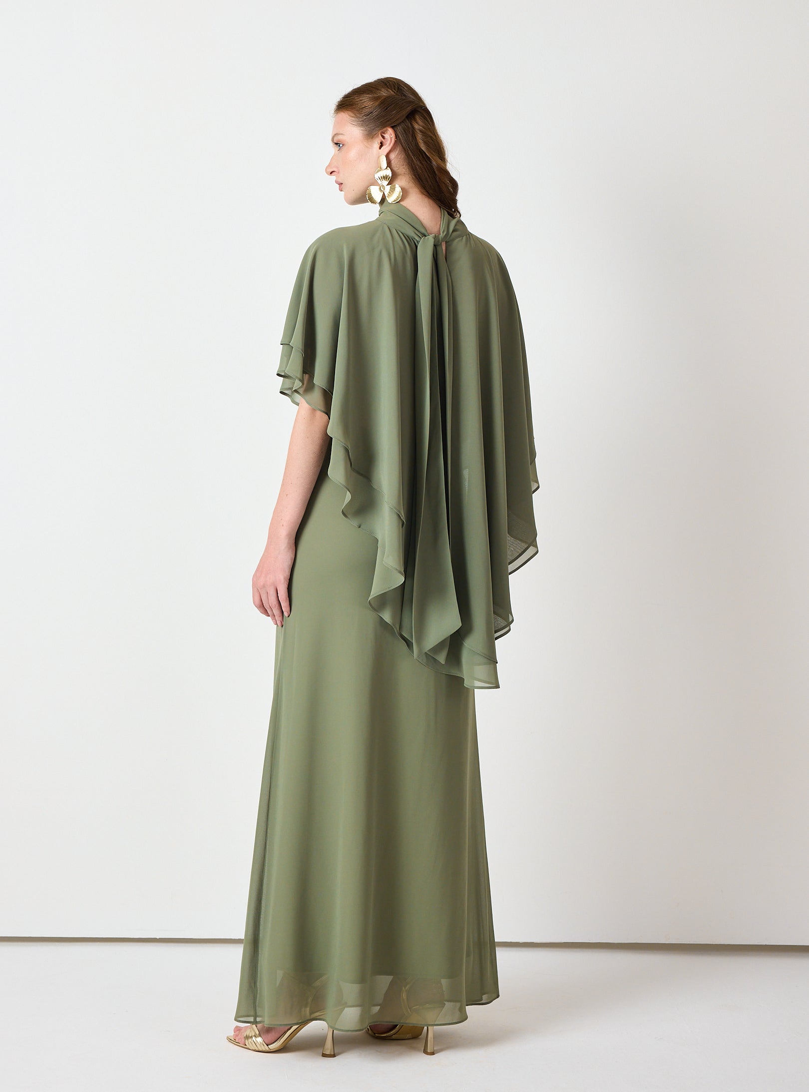 Army Green Chiffon Skirt Set with Layered Cape Top