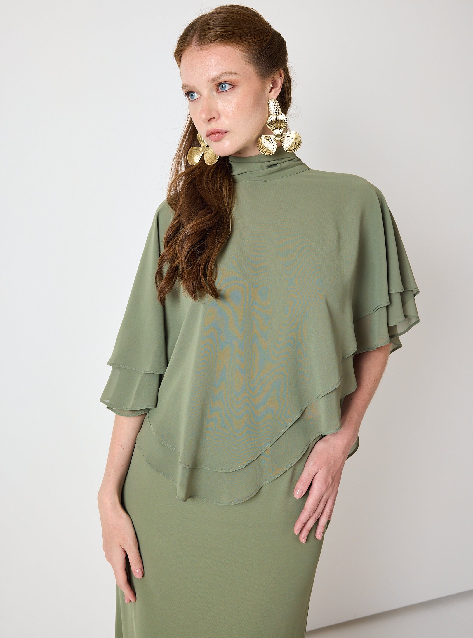 Army Green Chiffon Skirt Set with Layered Cape Top
