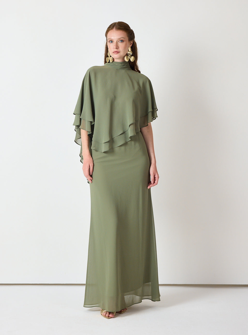 Army Green Chiffon Skirt Set with Layered Cape Top
