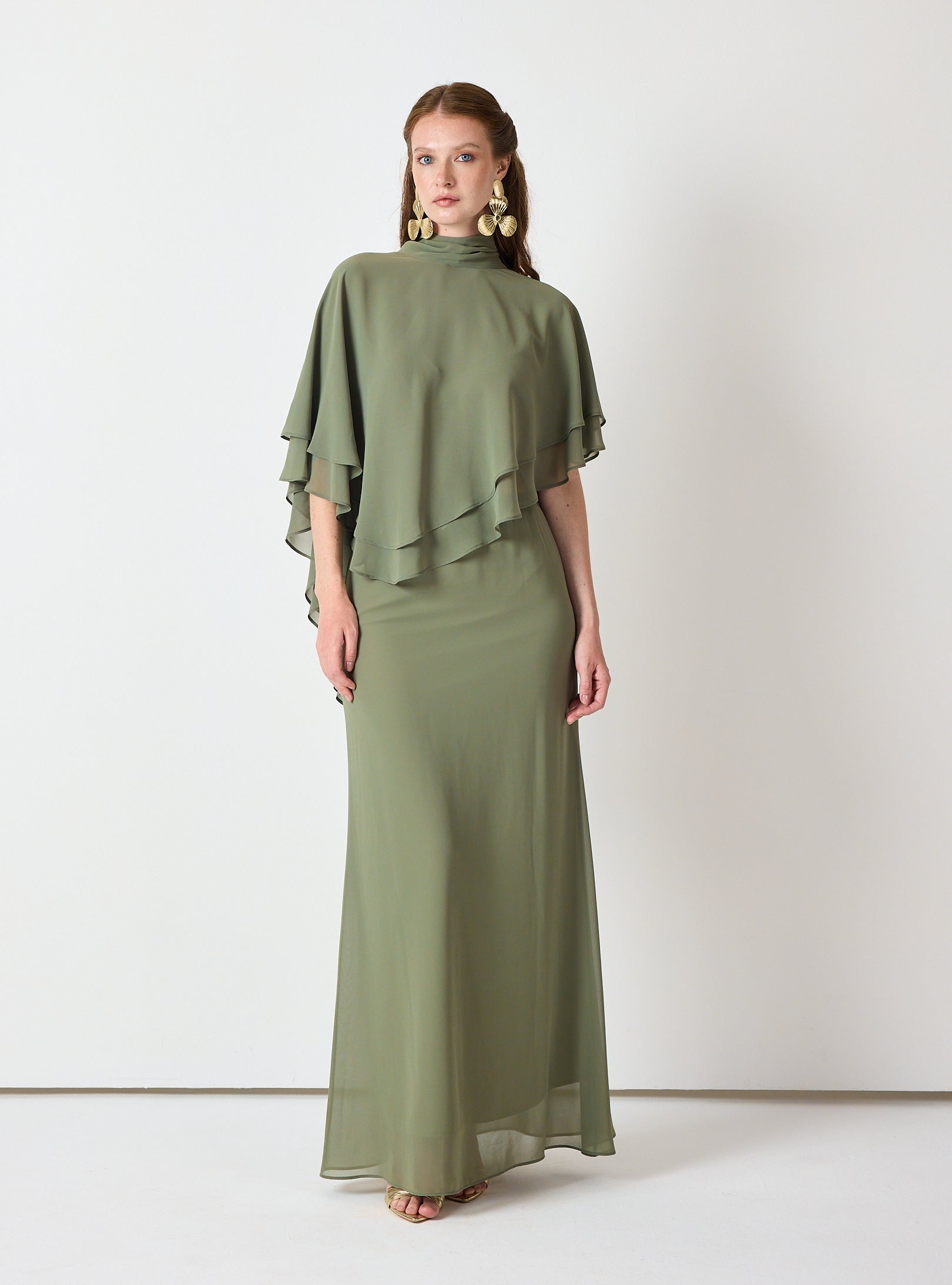 Army Green Chiffon Skirt Set with Layered Cape Top