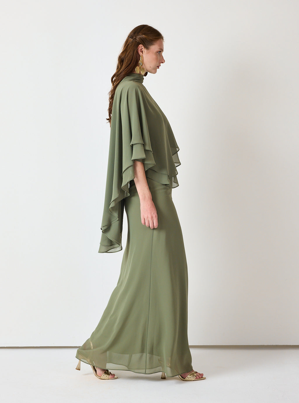 Army Green Chiffon Skirt Set with Layered Cape Top