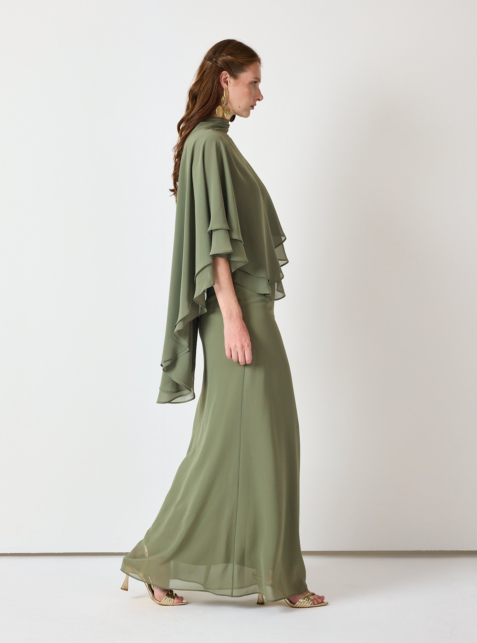 Army Green Chiffon Skirt Set with Layered Cape Top