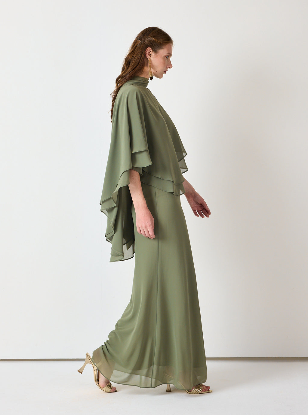 Army Green Chiffon Skirt Set with Layered Cape Top