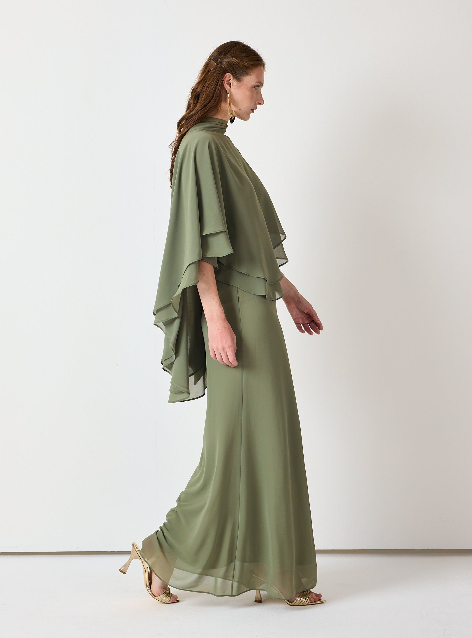 Army Green Chiffon Skirt Set with Layered Cape Top