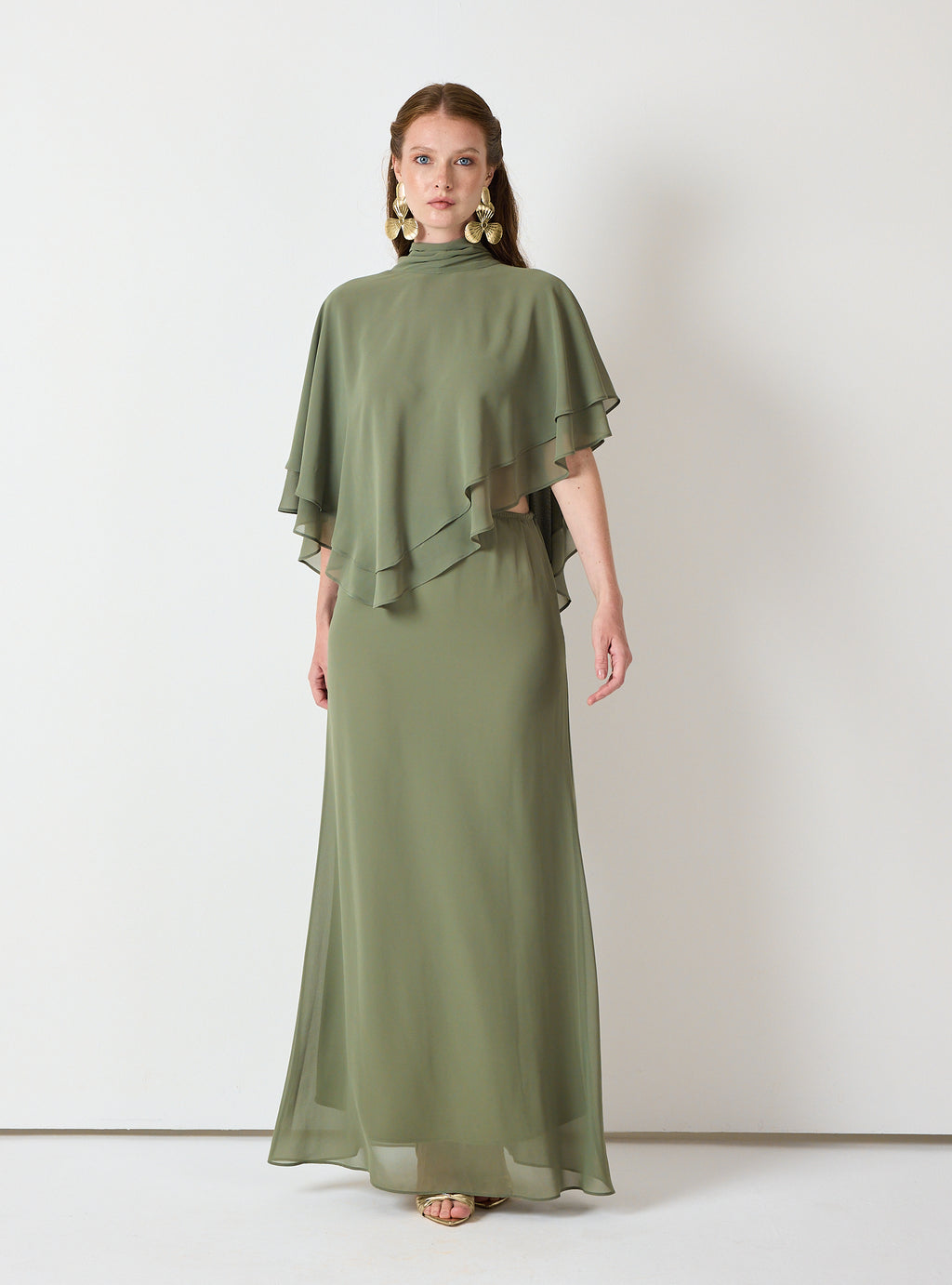 Army Green Chiffon Skirt Set with Layered Cape Top