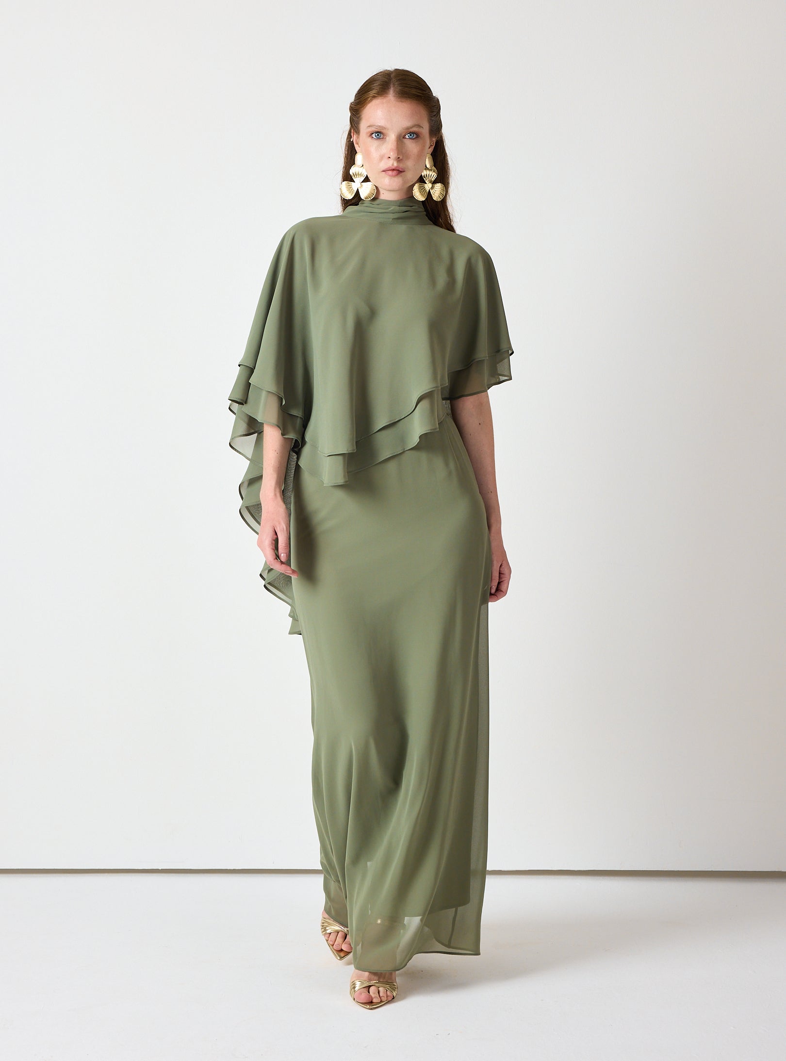 Army Green Chiffon Skirt Set with Layered Cape Top