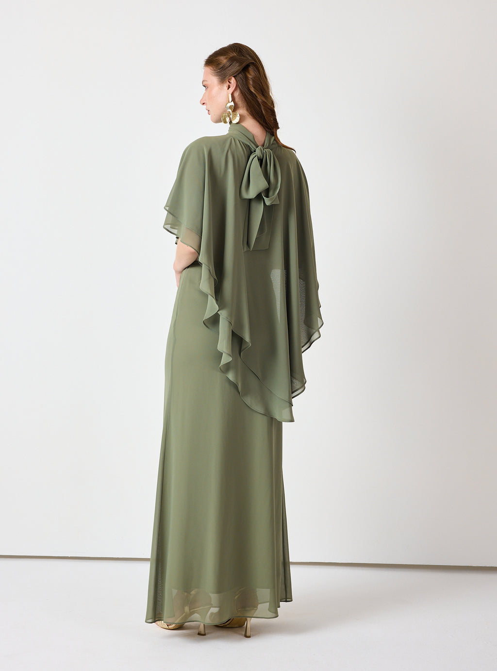 Army Green Chiffon Skirt Set with Layered Cape Top