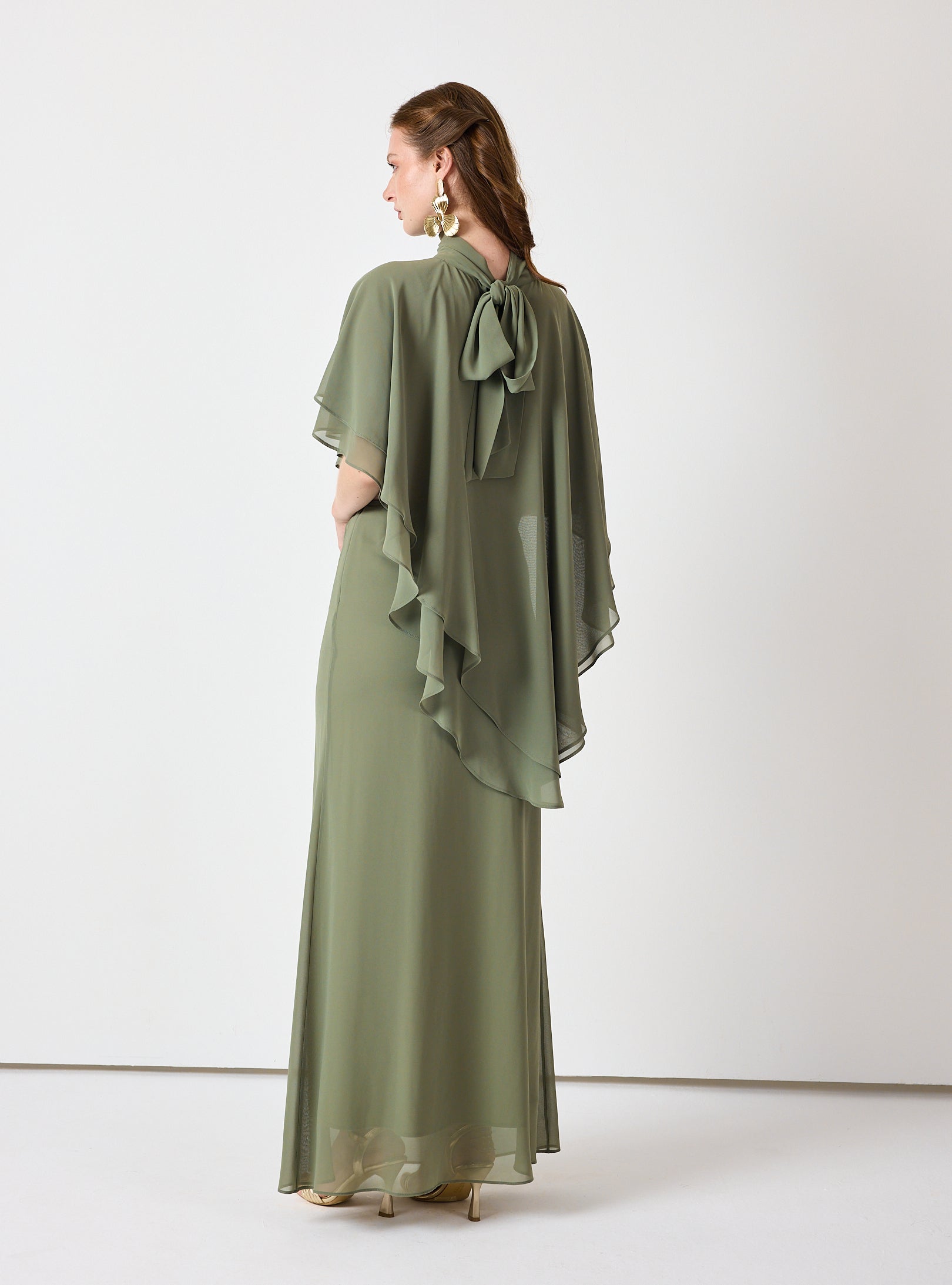 Army Green Chiffon Skirt Set with Layered Cape Top
