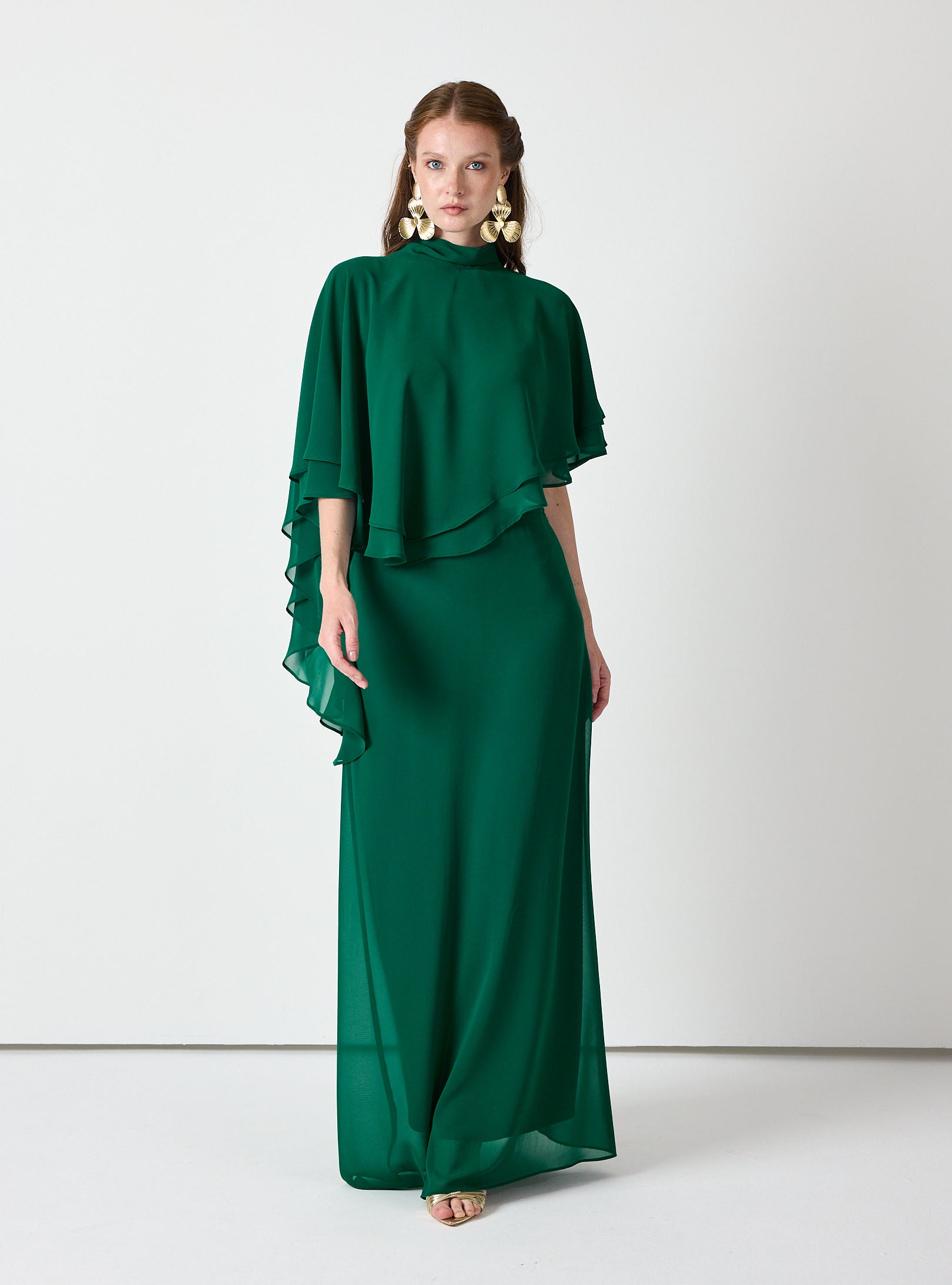 Emerald Chiffon Skirt Set with Layered Cape Top