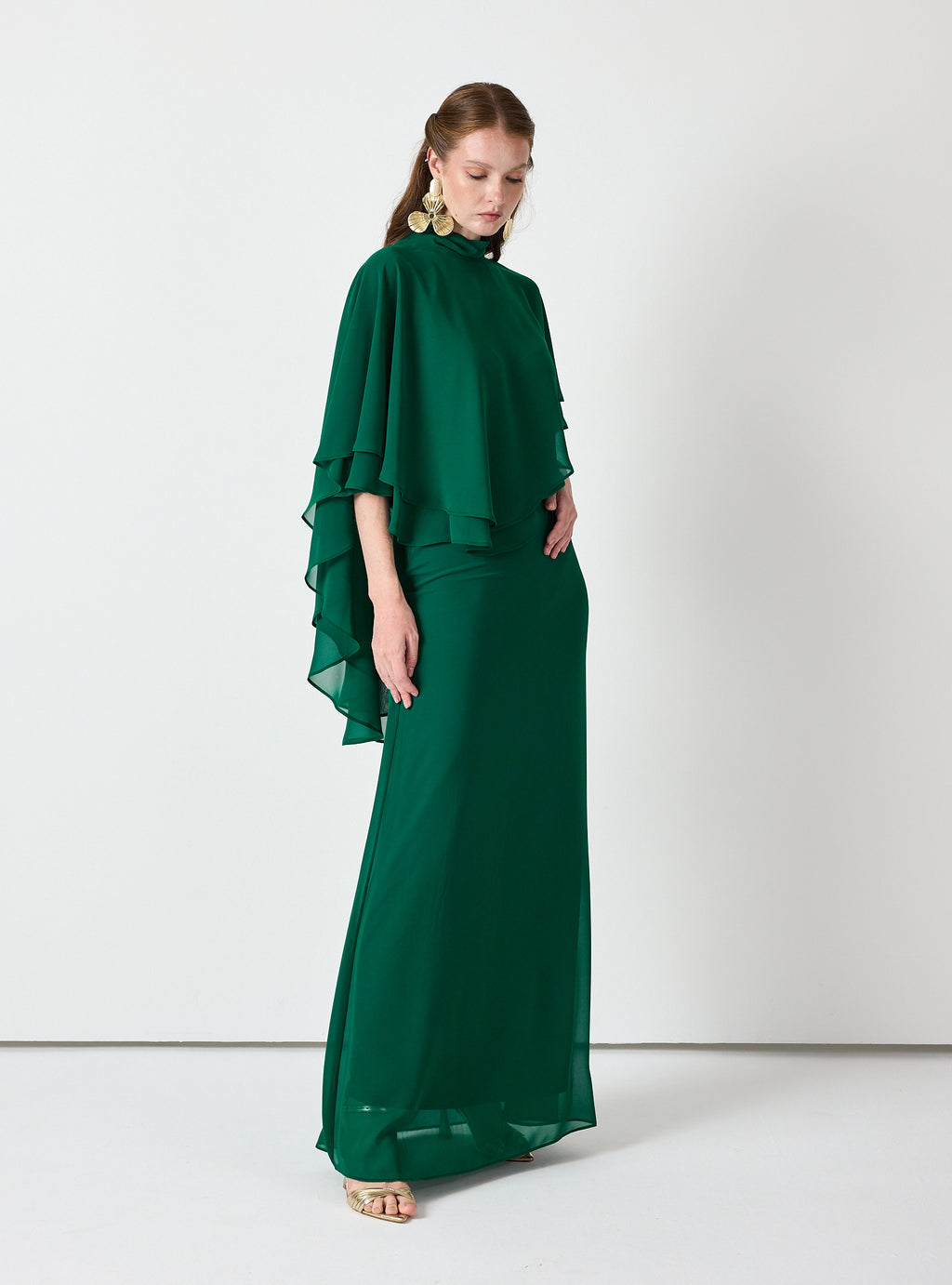 Emerald Chiffon Skirt Set with Layered Cape Top