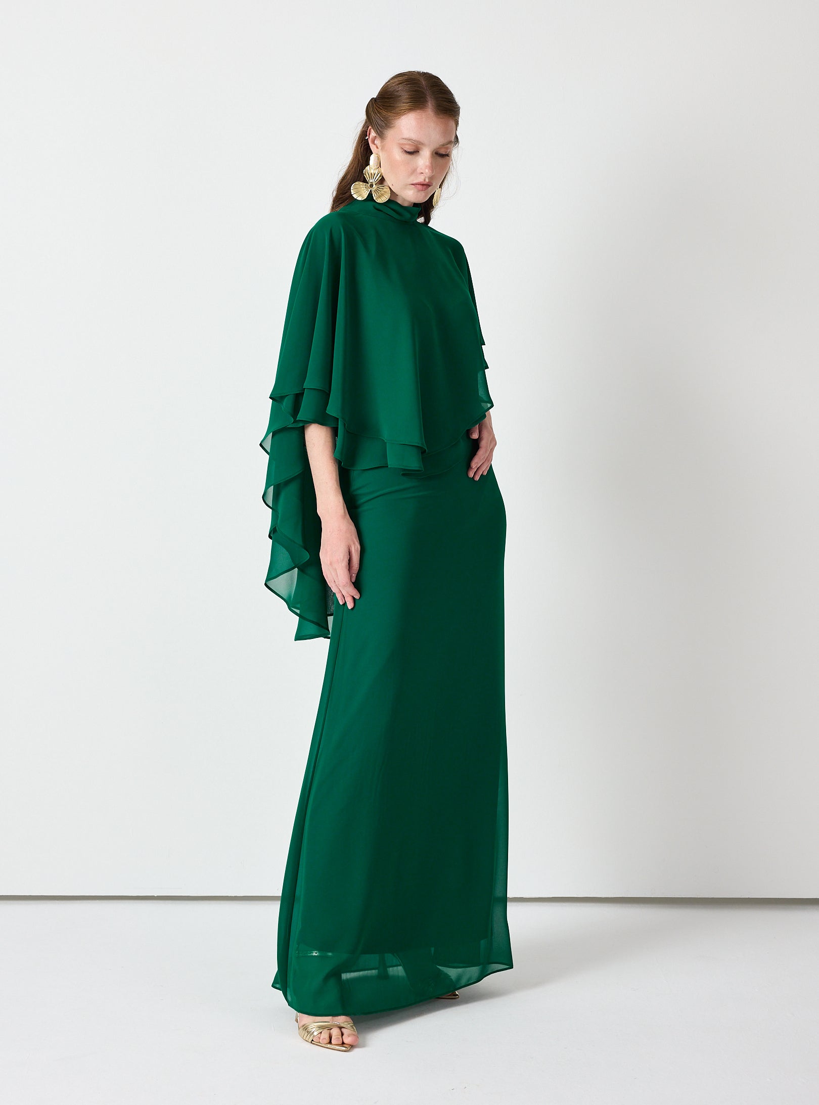 Emerald Chiffon Skirt Set with Layered Cape Top