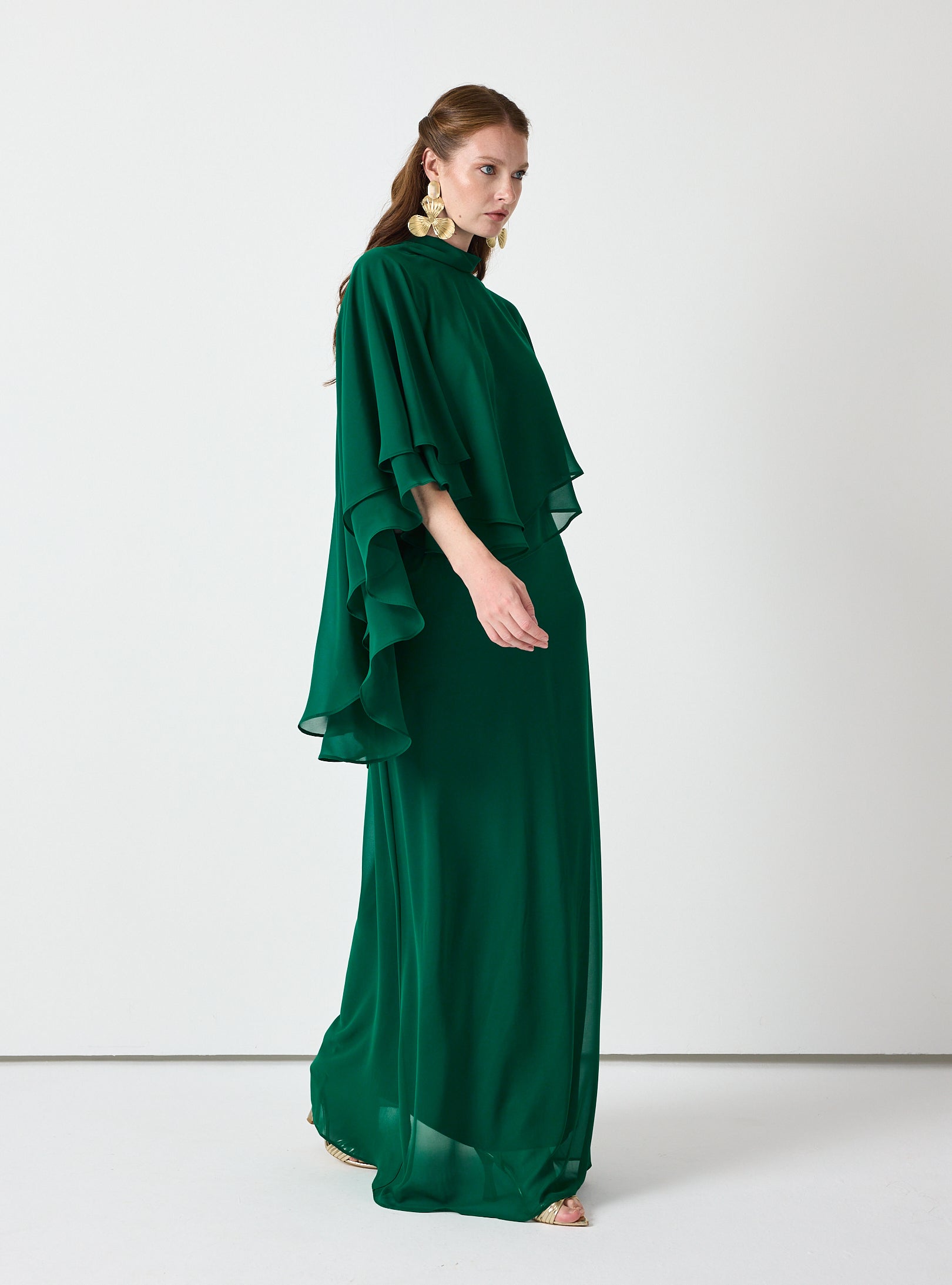 Emerald Chiffon Skirt Set with Layered Cape Top