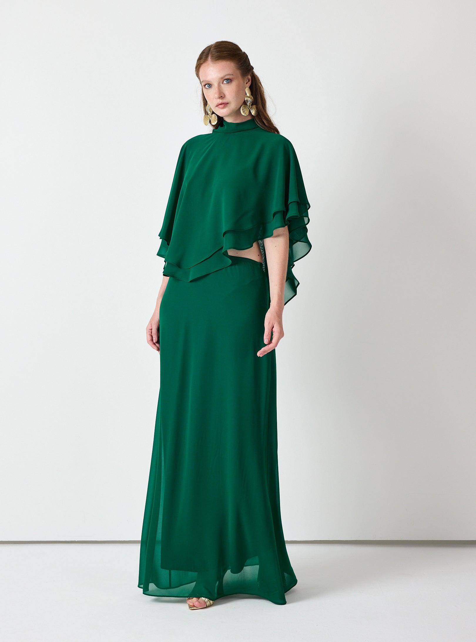 Emerald Chiffon Skirt Set with Layered Cape Top