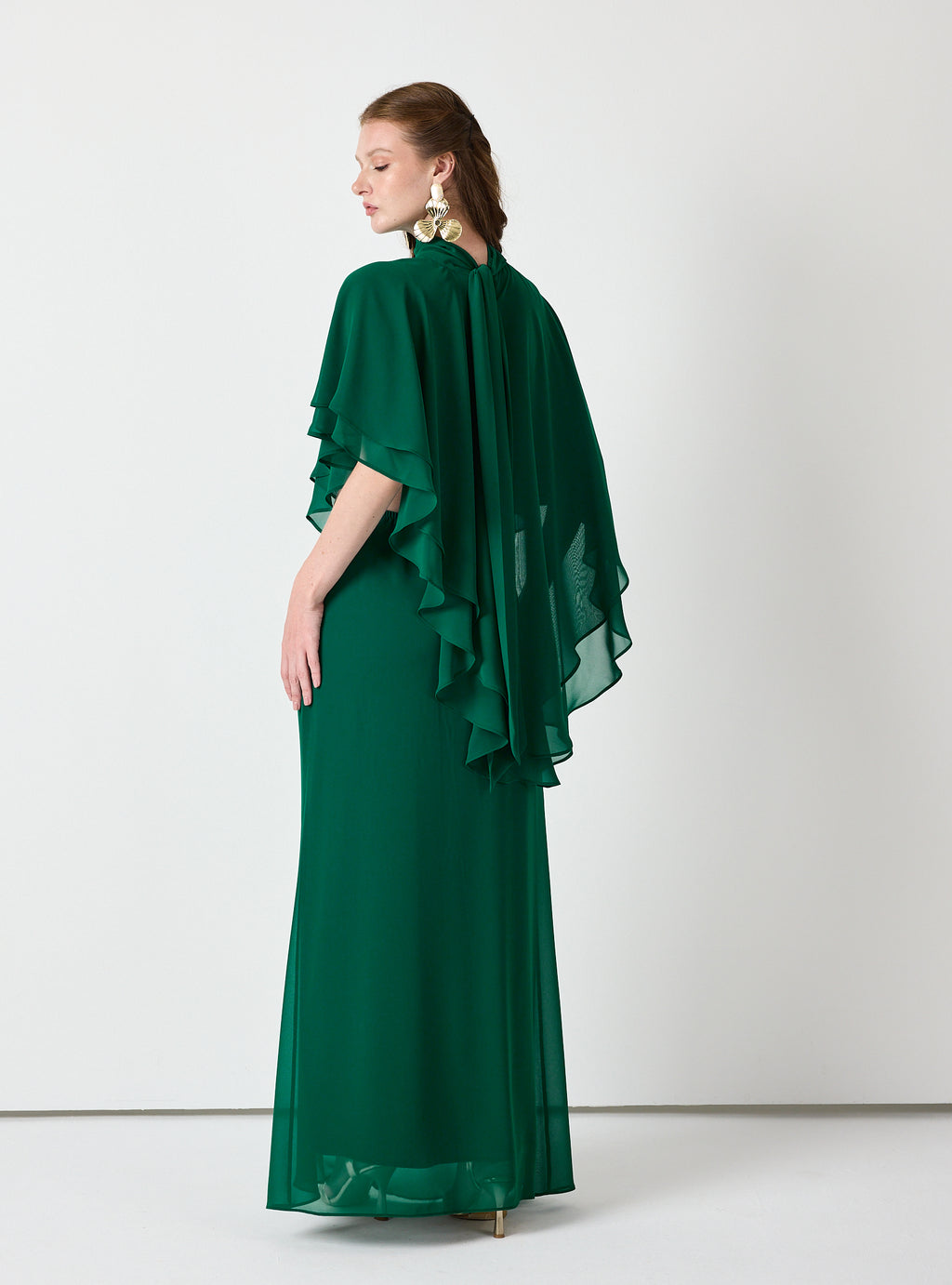 Emerald Chiffon Skirt Set with Layered Cape Top