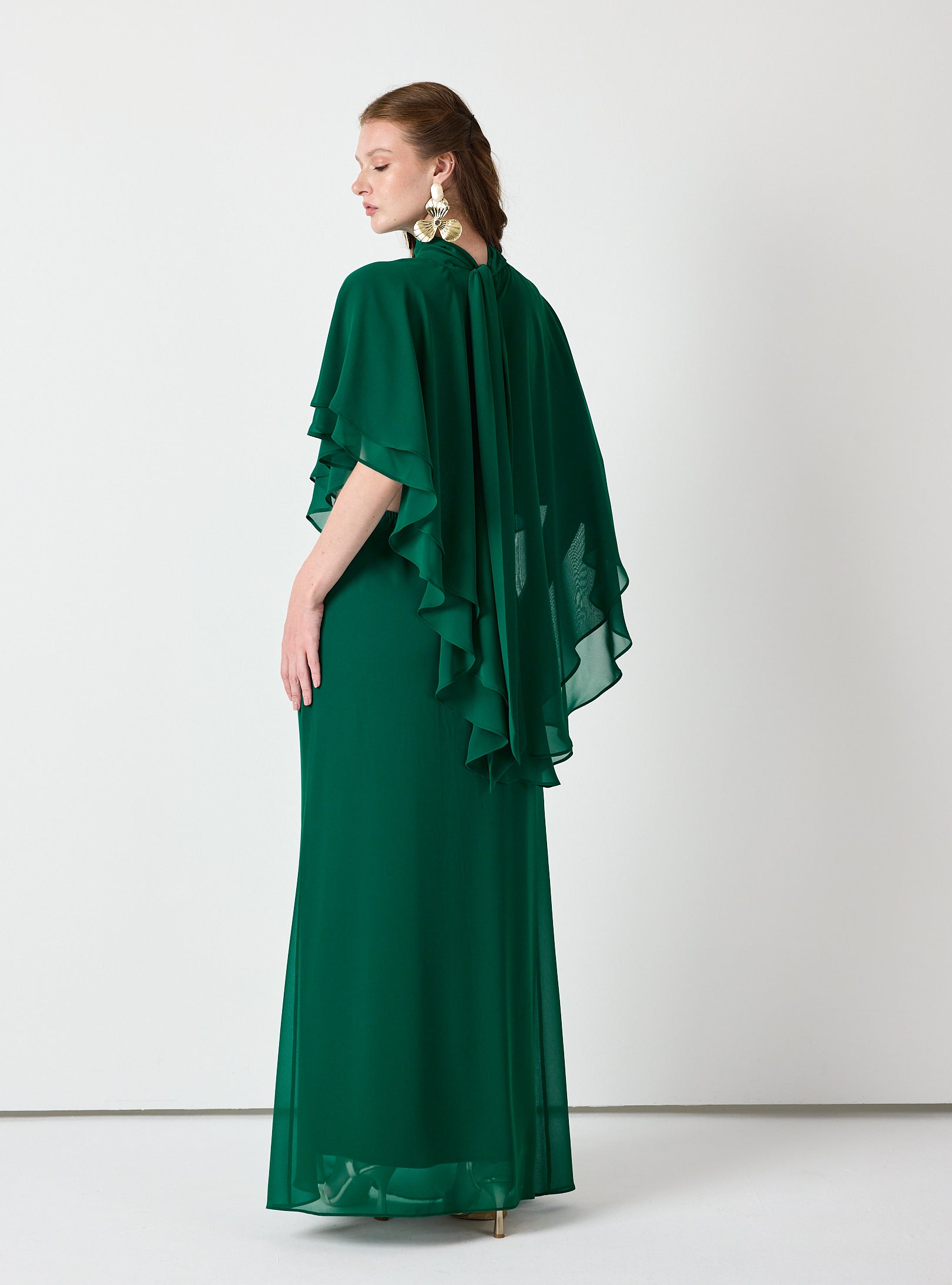 Emerald Chiffon Skirt Set with Layered Cape Top