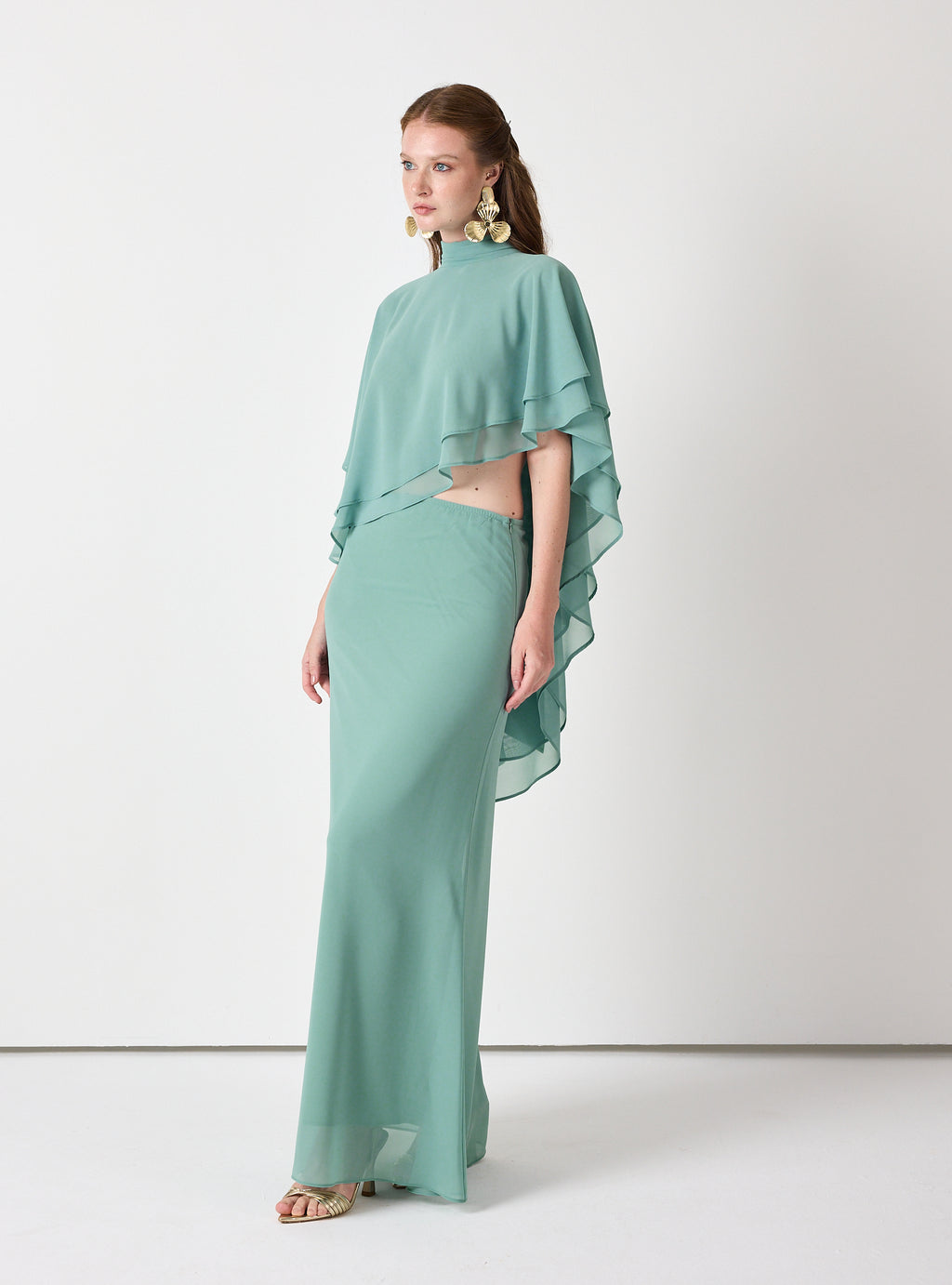 Army Green Chiffon Skirt Set with Layered Cape Top