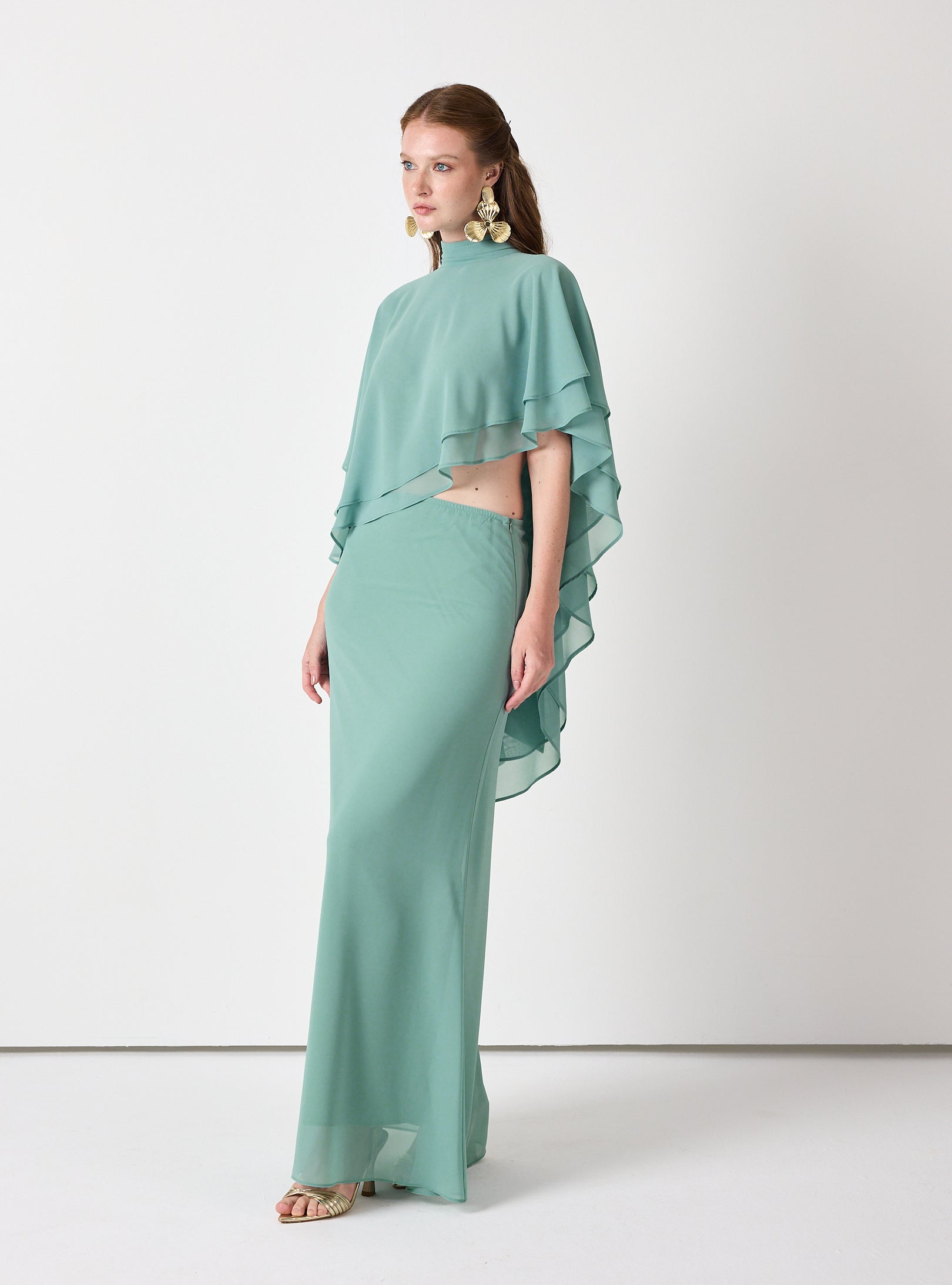 Army Green Chiffon Skirt Set with Layered Cape Top