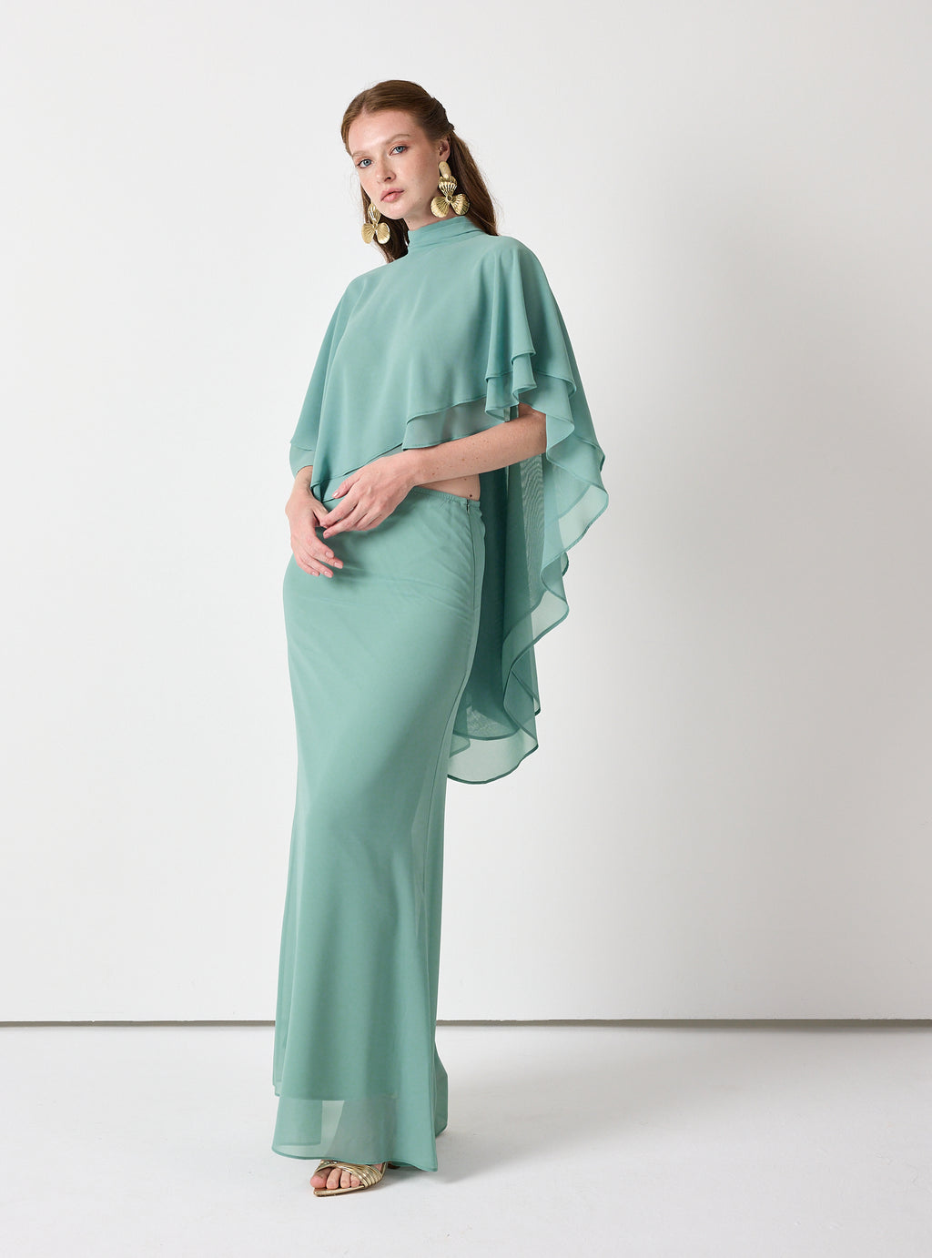 Army Green Chiffon Skirt Set with Layered Cape Top