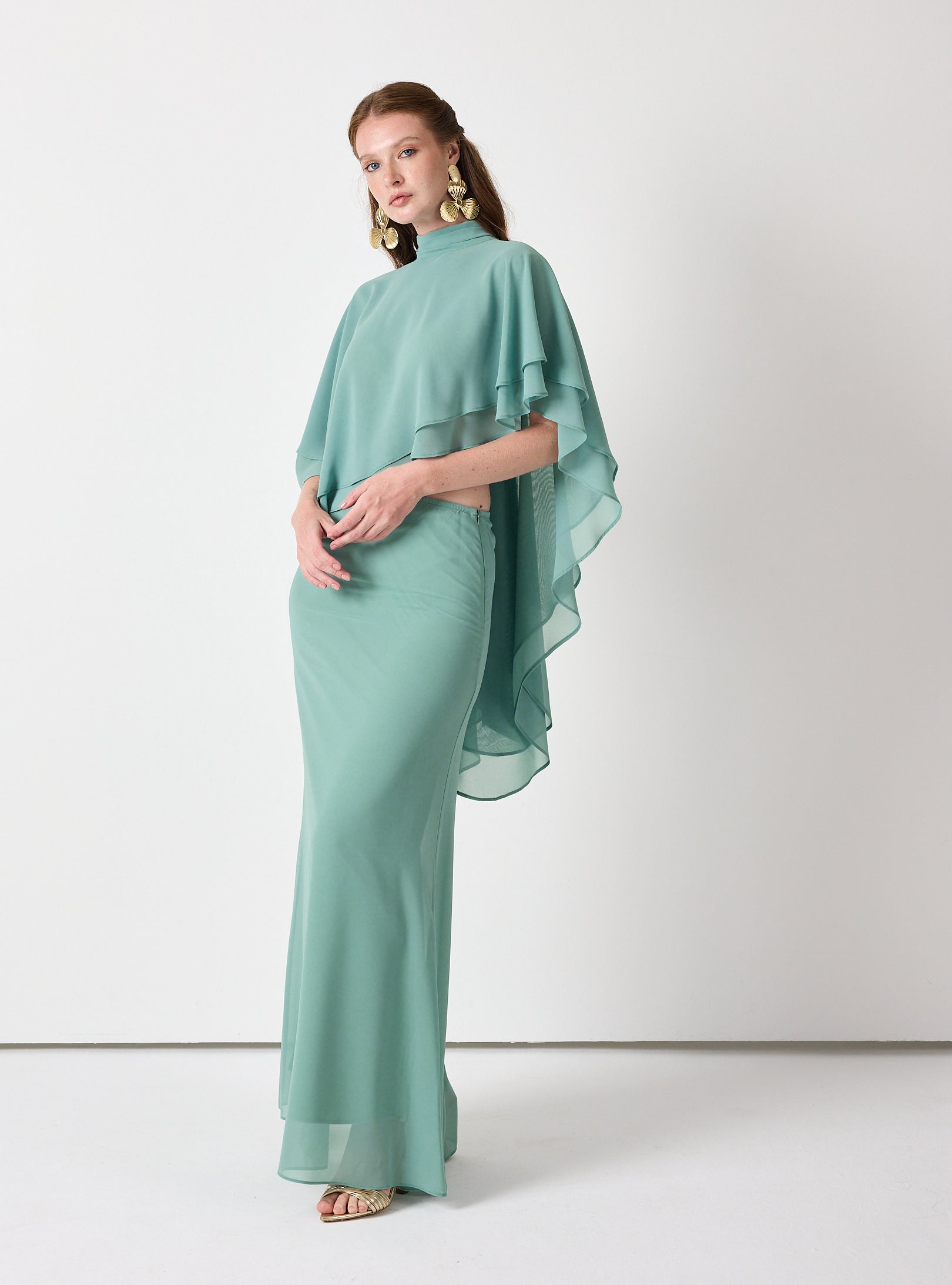 Army Green Chiffon Skirt Set with Layered Cape Top