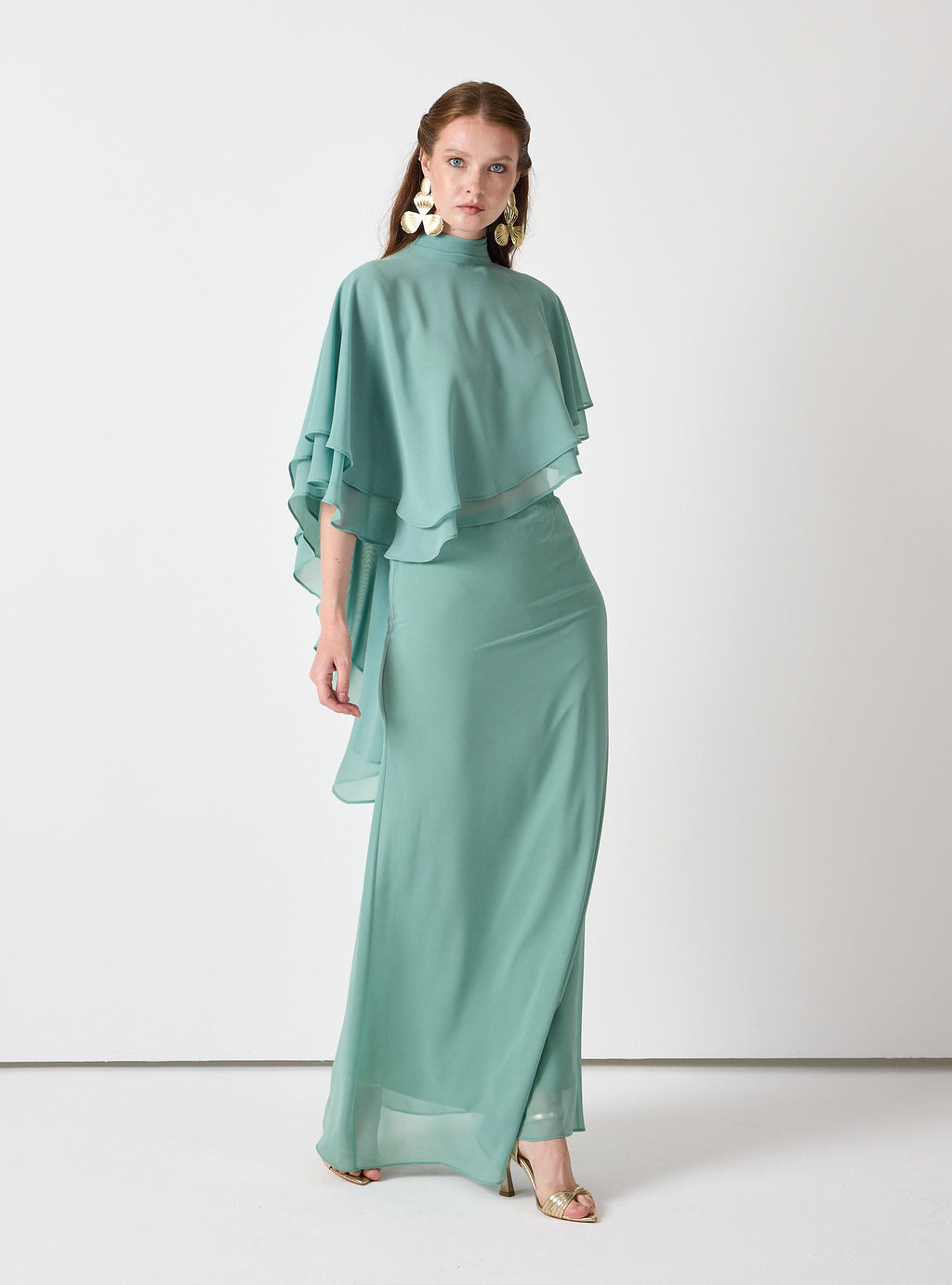 Army Green Chiffon Skirt Set with Layered Cape Top