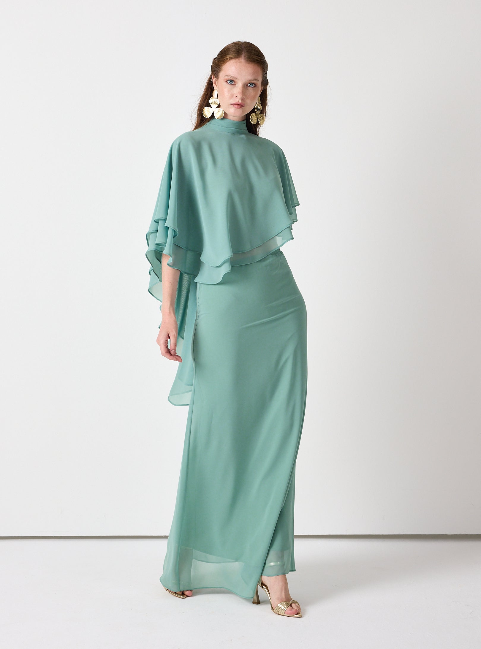 Army Green Chiffon Skirt Set with Layered Cape Top