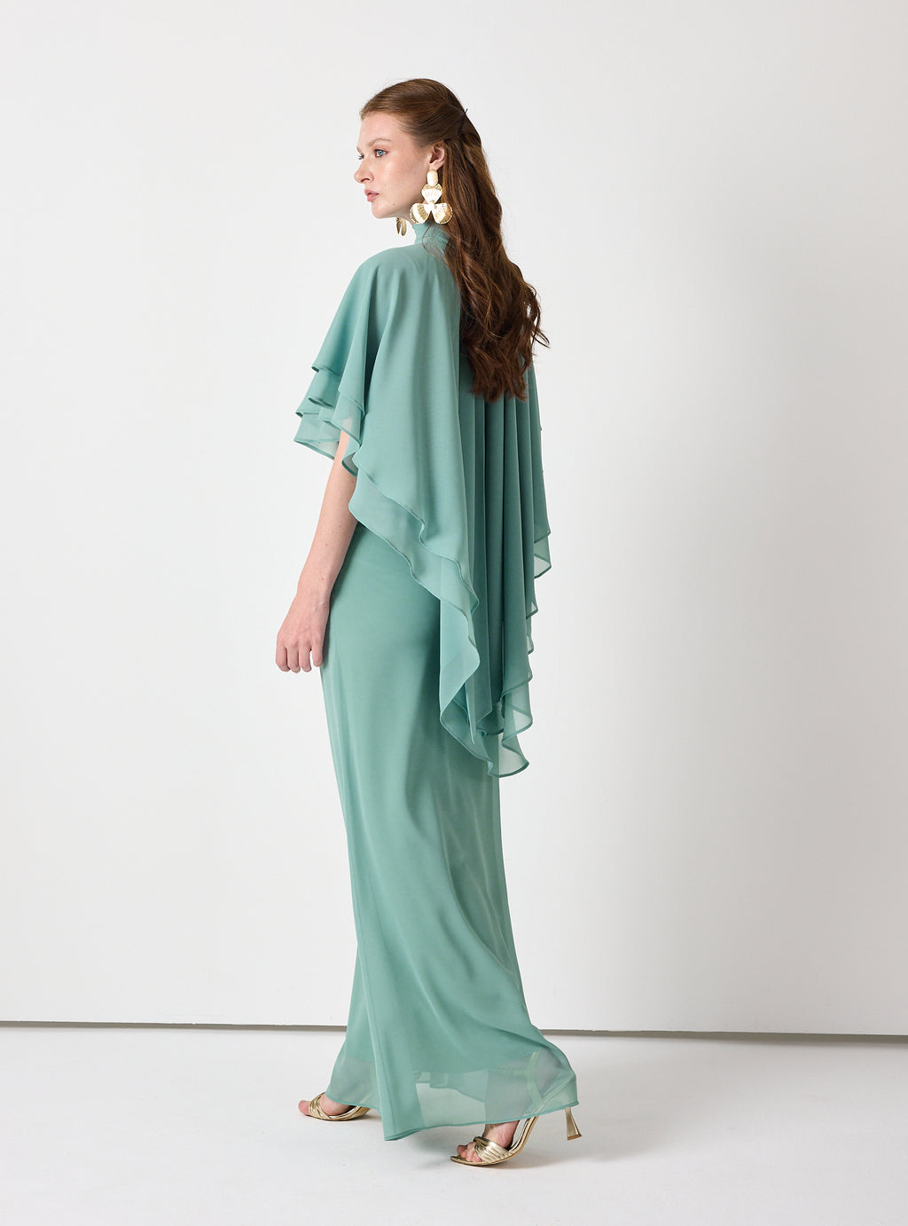 Army Green Chiffon Skirt Set with Layered Cape Top