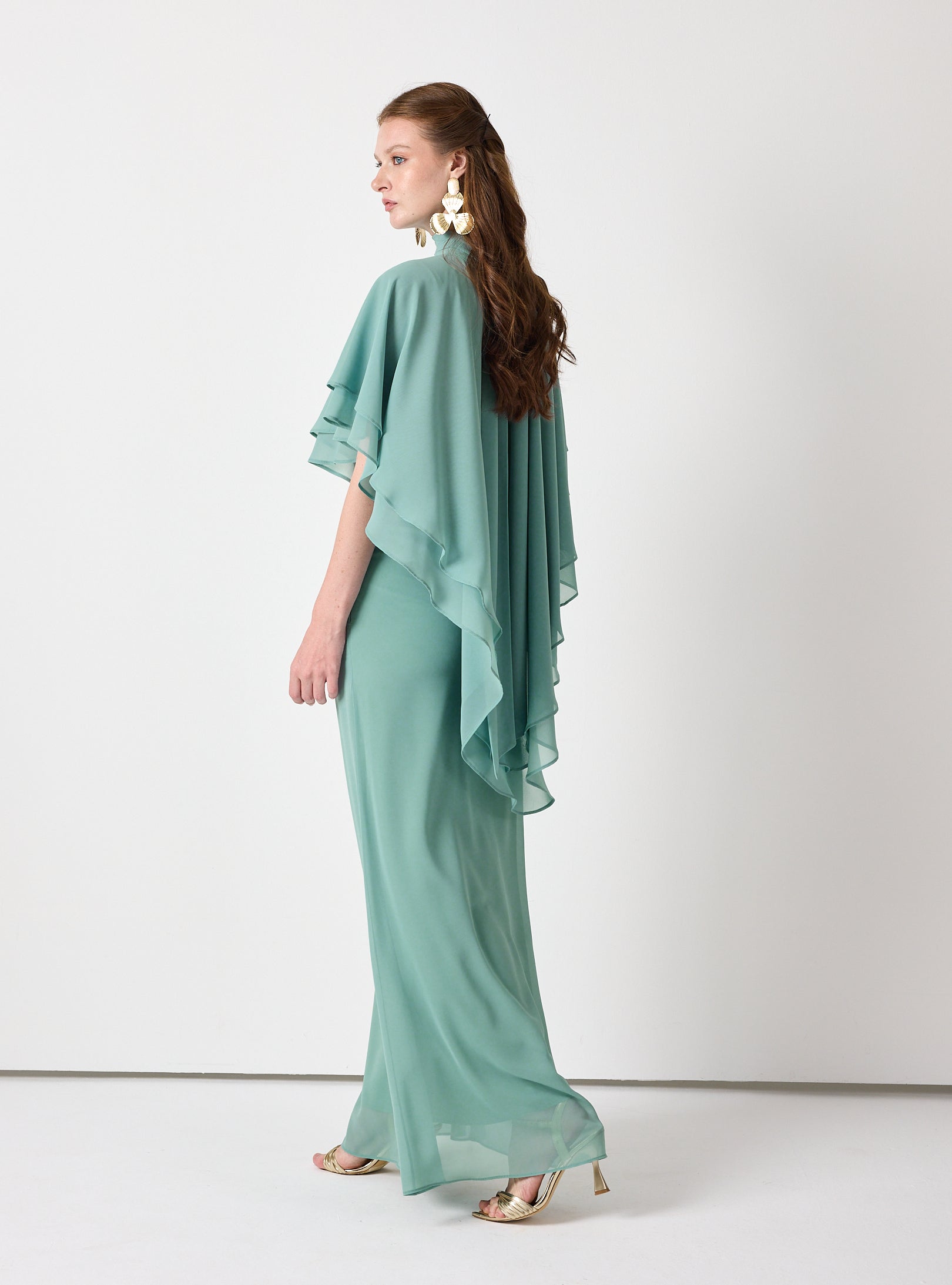 Army Green Chiffon Skirt Set with Layered Cape Top