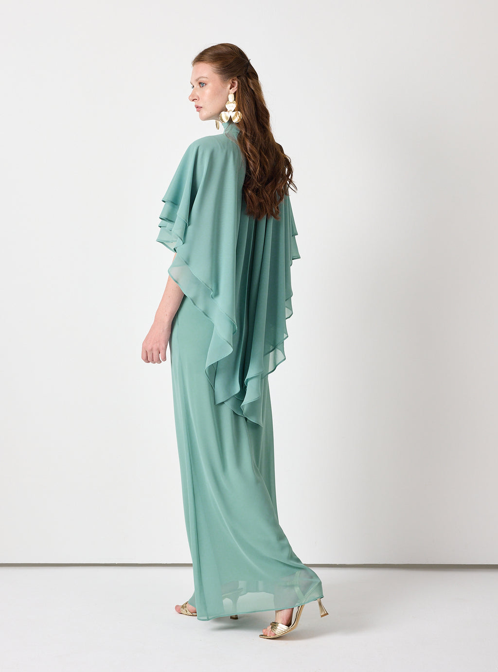 Army Green Chiffon Skirt Set with Layered Cape Top