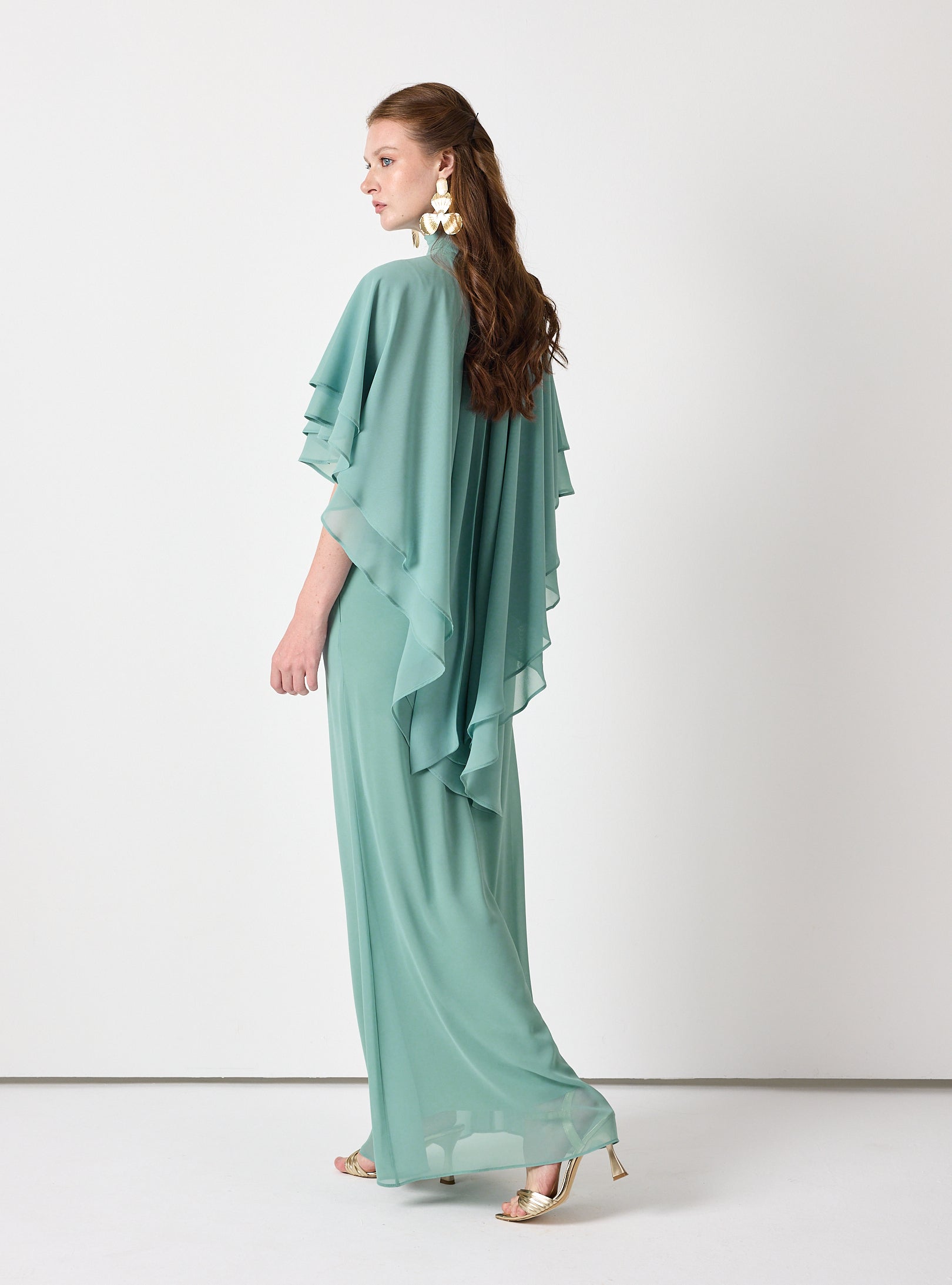 Army Green Chiffon Skirt Set with Layered Cape Top