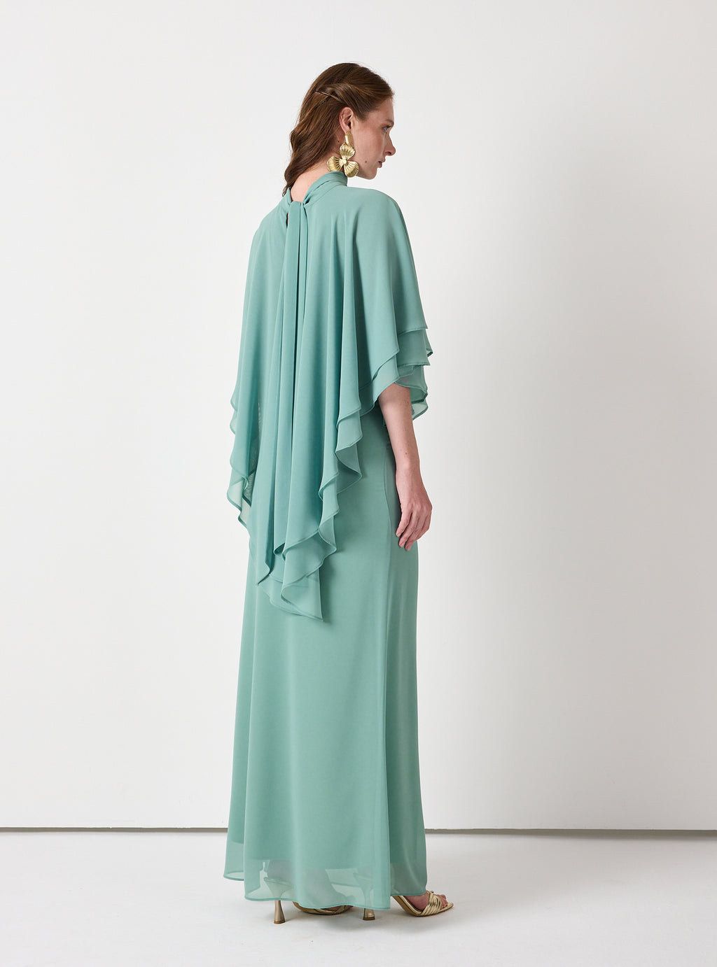 Army Green Chiffon Skirt Set with Layered Cape Top