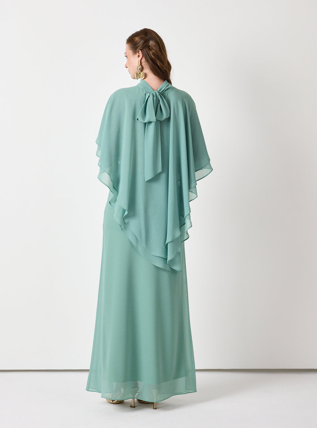 Army Green Chiffon Skirt Set with Layered Cape Top