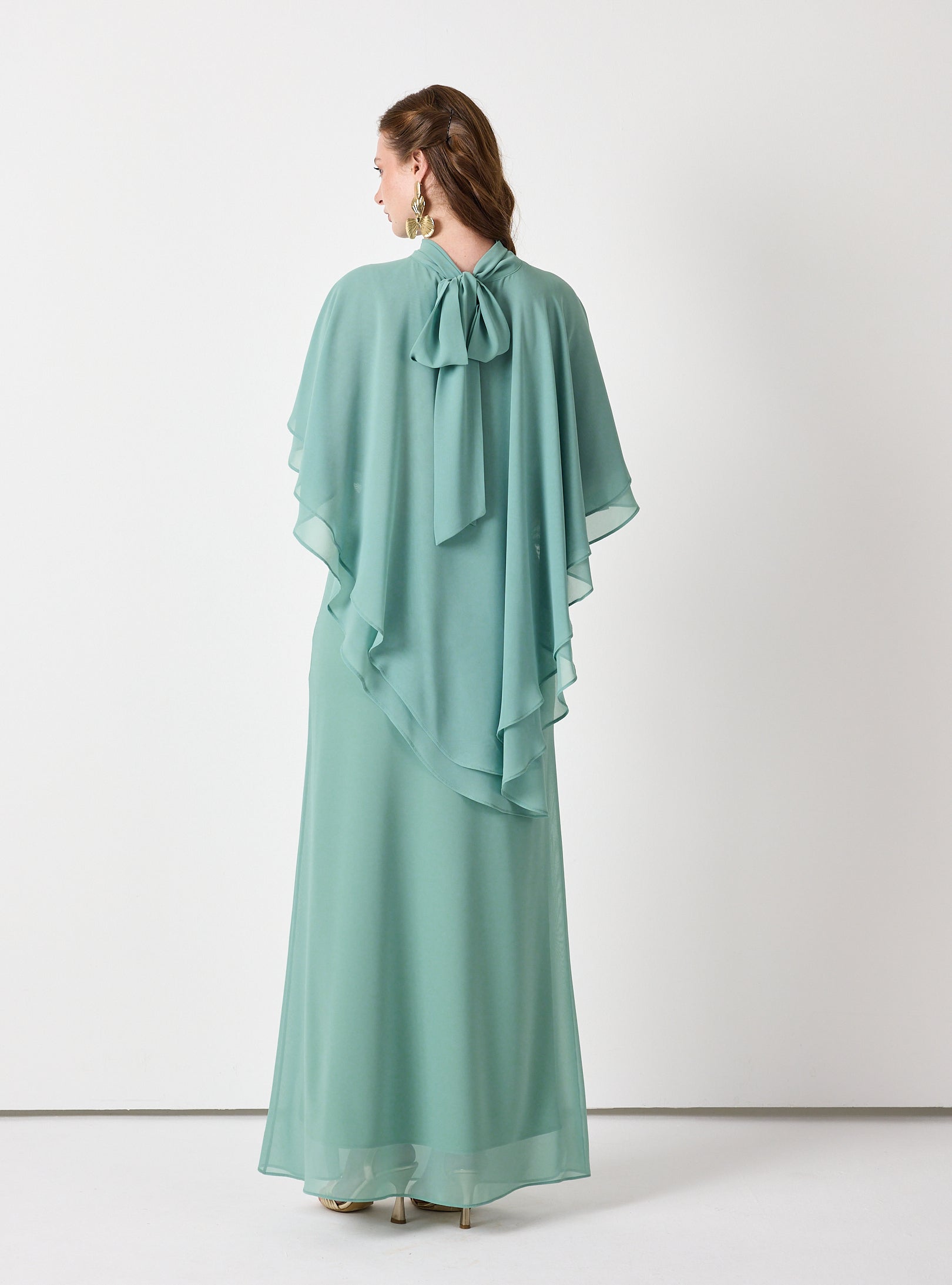 Army Green Chiffon Skirt Set with Layered Cape Top