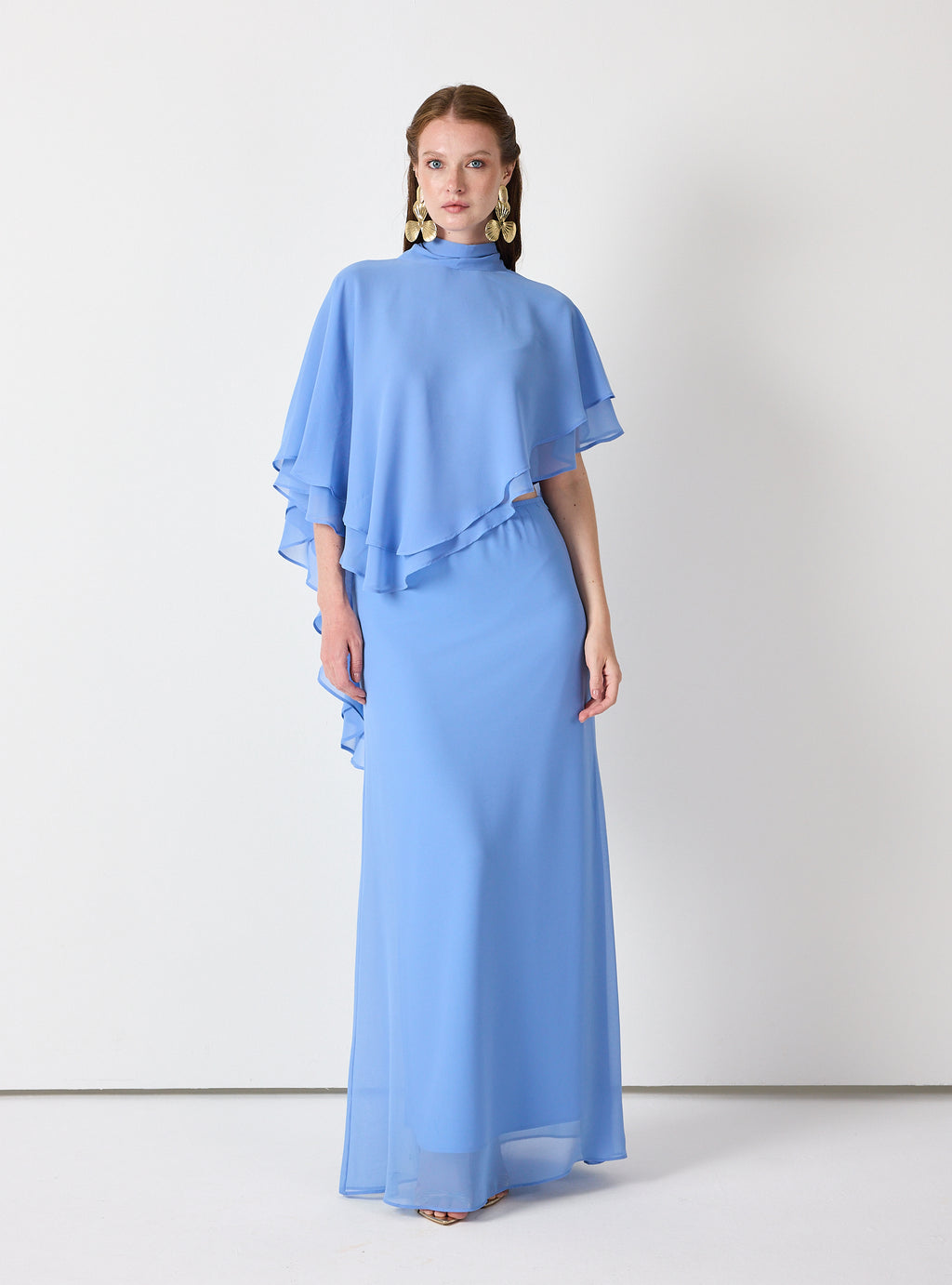 Sky Blue Chiffon Skirt Set with Layered Cape Top
