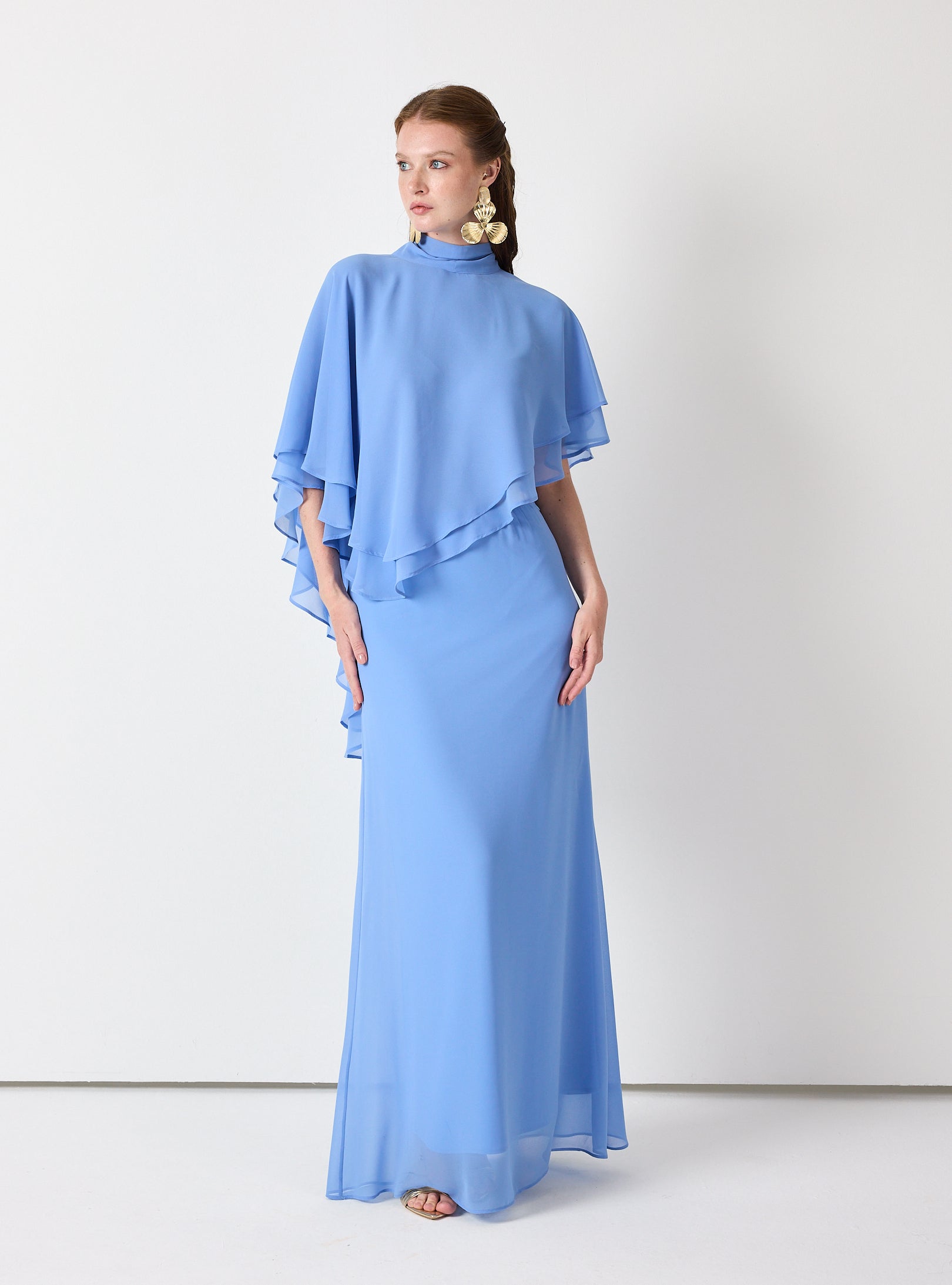 Sky Blue Chiffon Skirt Set with Layered Cape Top