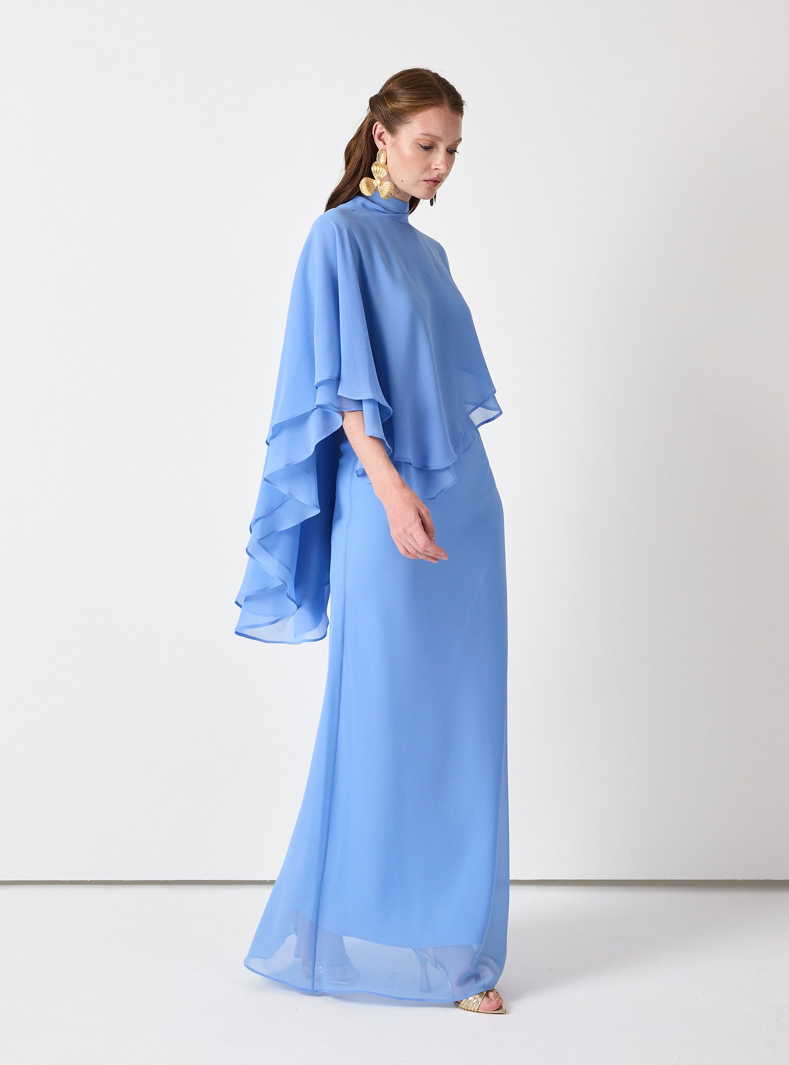 Sky Blue Chiffon Skirt Set with Layered Cape Top