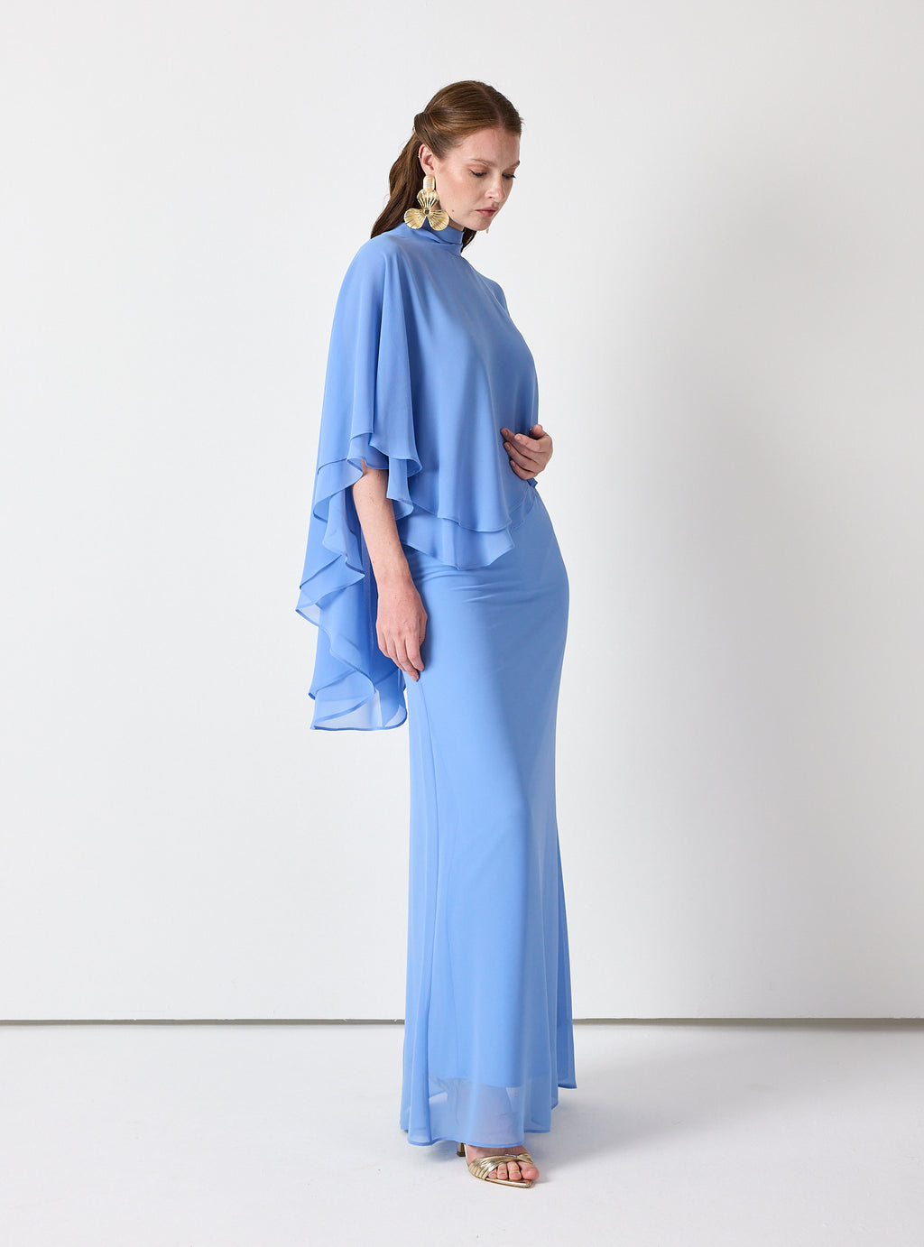 Sky Blue Chiffon Skirt Set with Layered Cape Top
