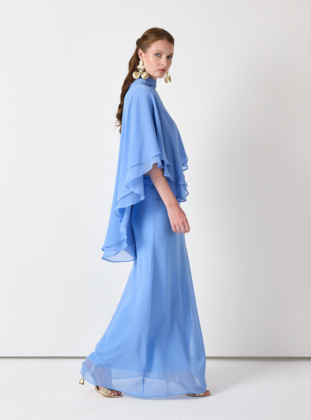 Sky Blue Chiffon Skirt Set with Layered Cape Top