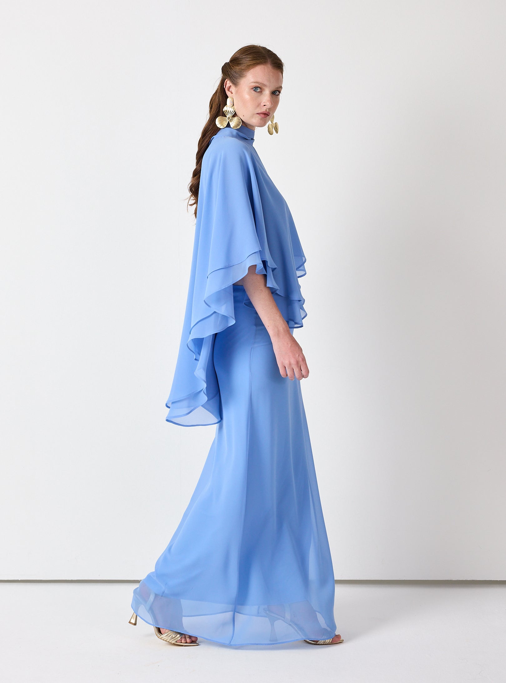 Sky Blue Chiffon Skirt Set with Layered Cape Top