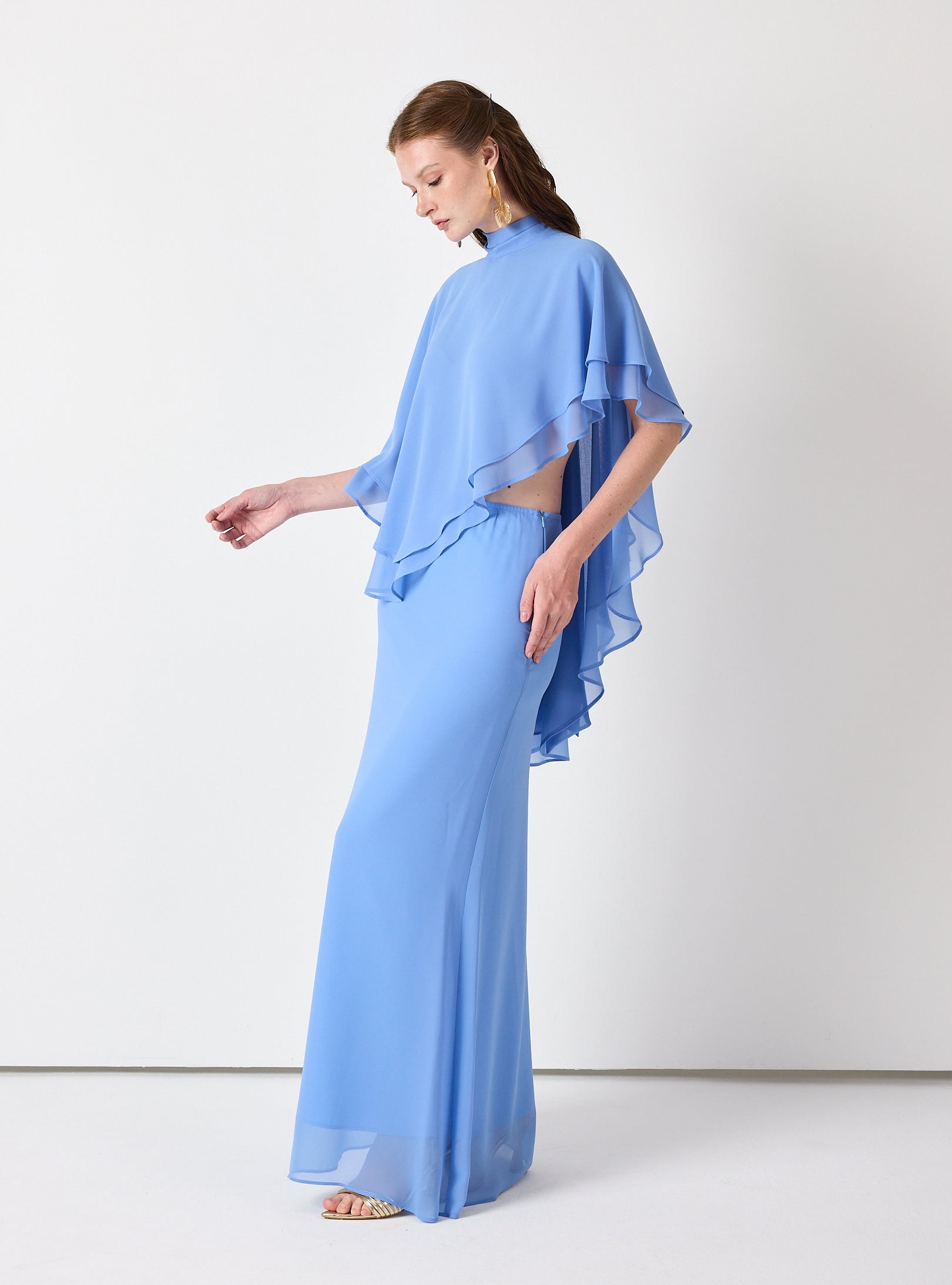Sky Blue Chiffon Skirt Set with Layered Cape Top