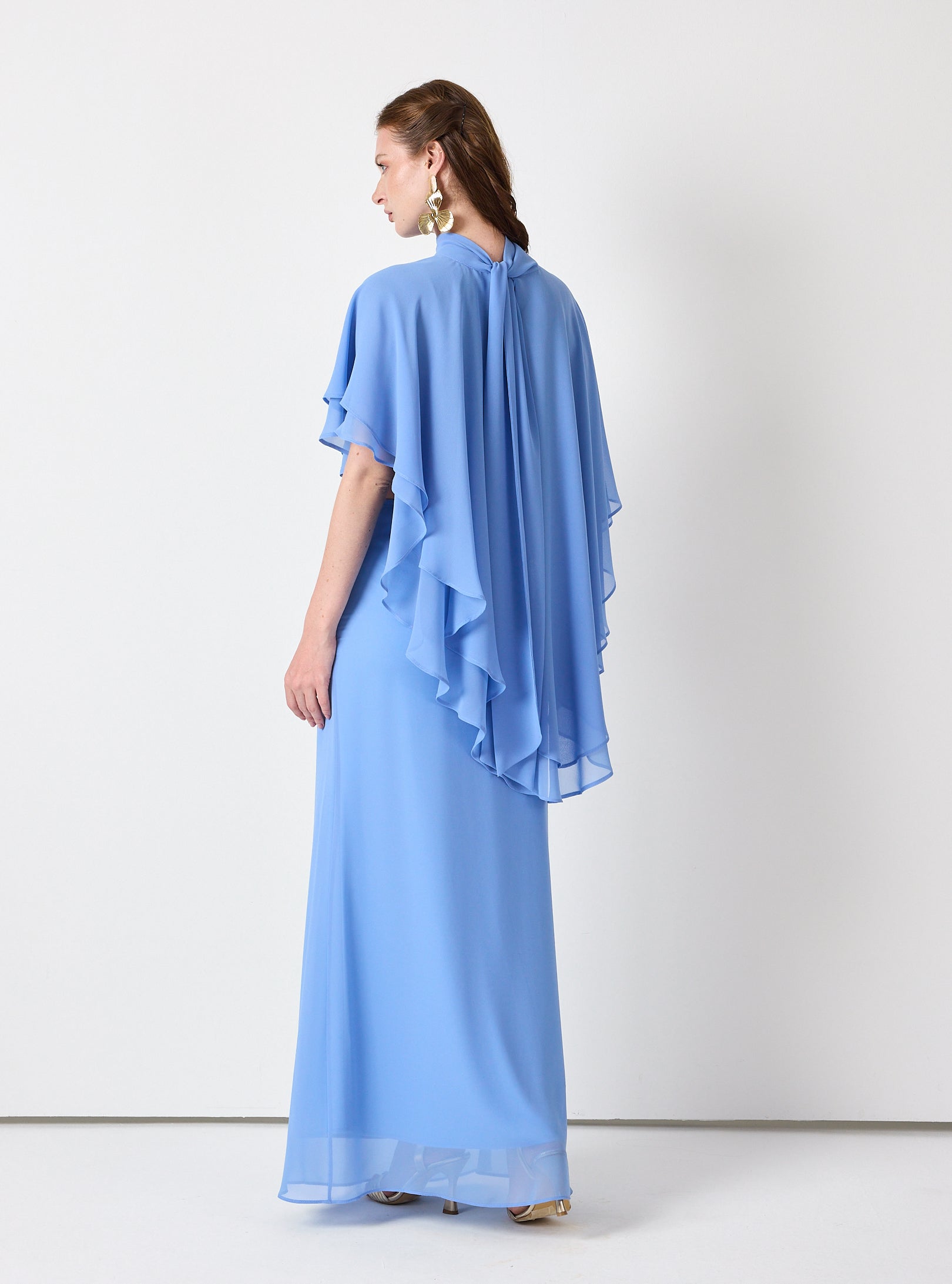 Sky Blue Chiffon Skirt Set with Layered Cape Top