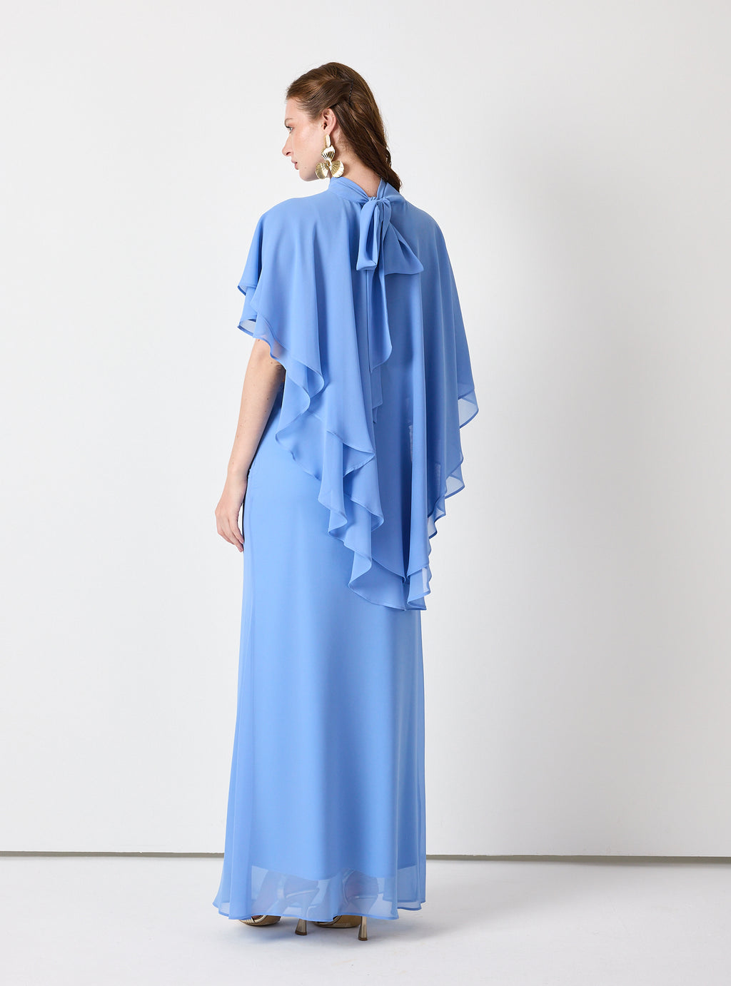 Sky Blue Chiffon Skirt Set with Layered Cape Top