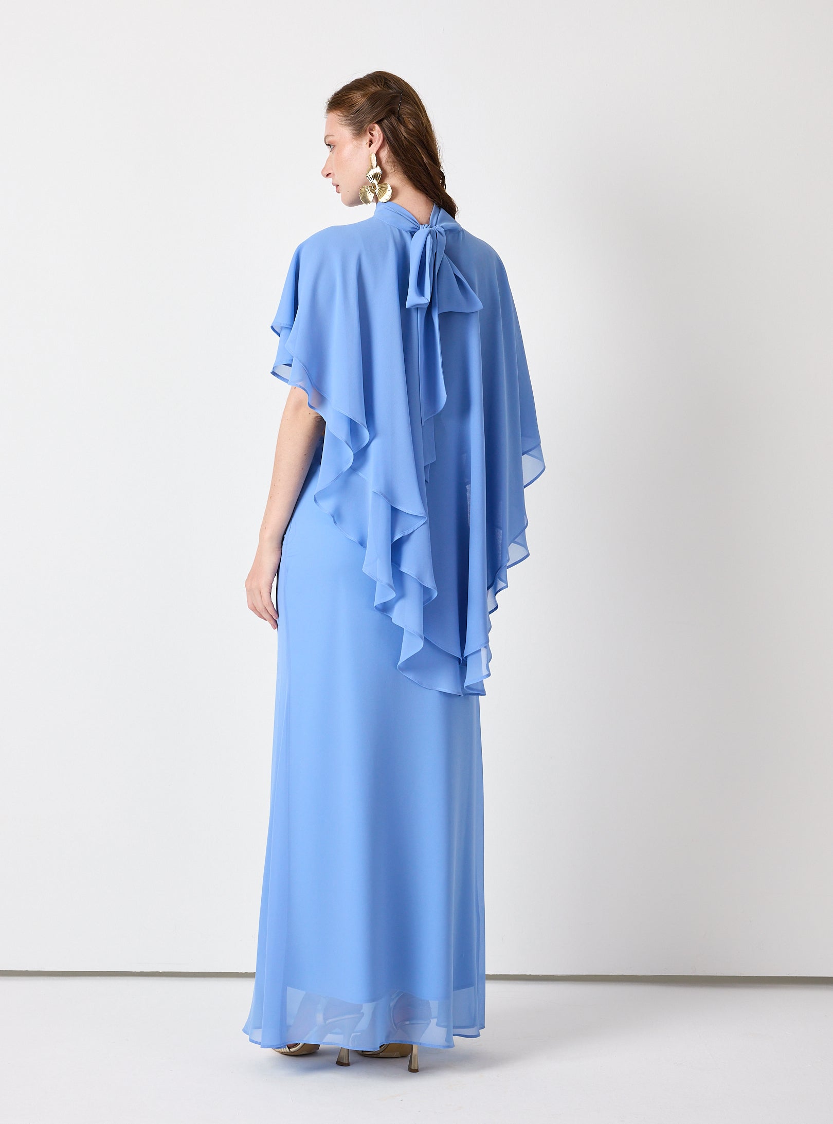 Sky Blue Chiffon Skirt Set with Layered Cape Top