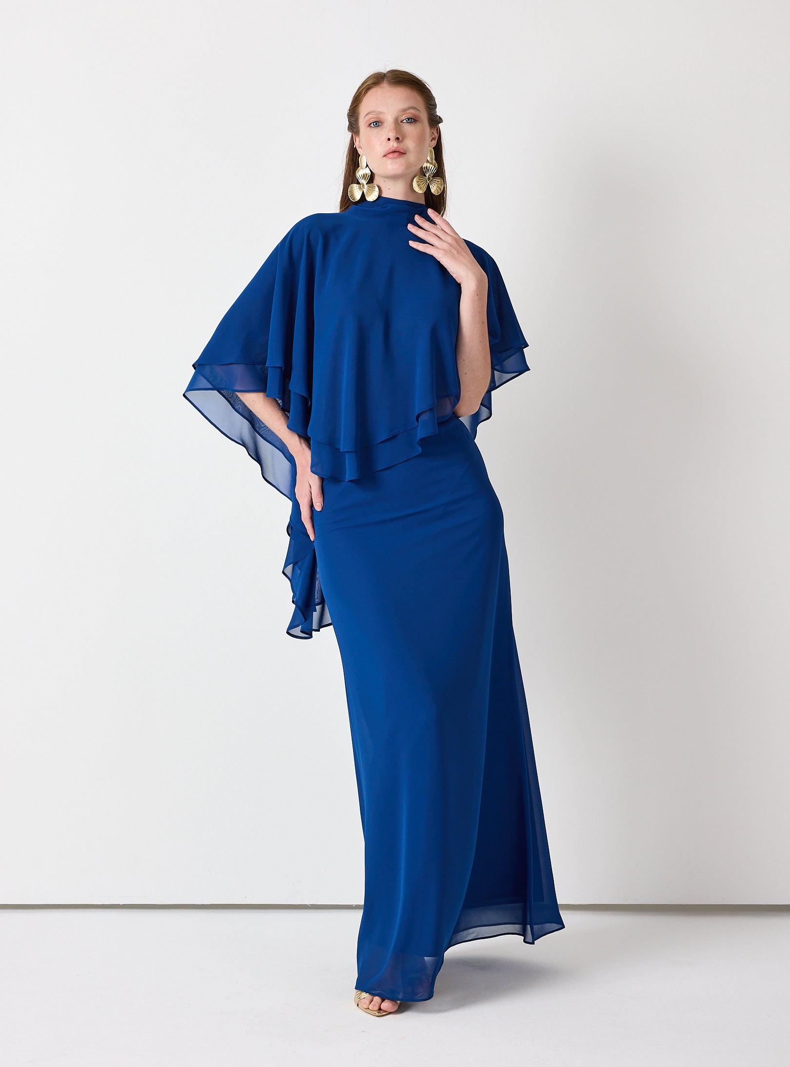 Sky Blue Chiffon Skirt Set with Layered Cape Top