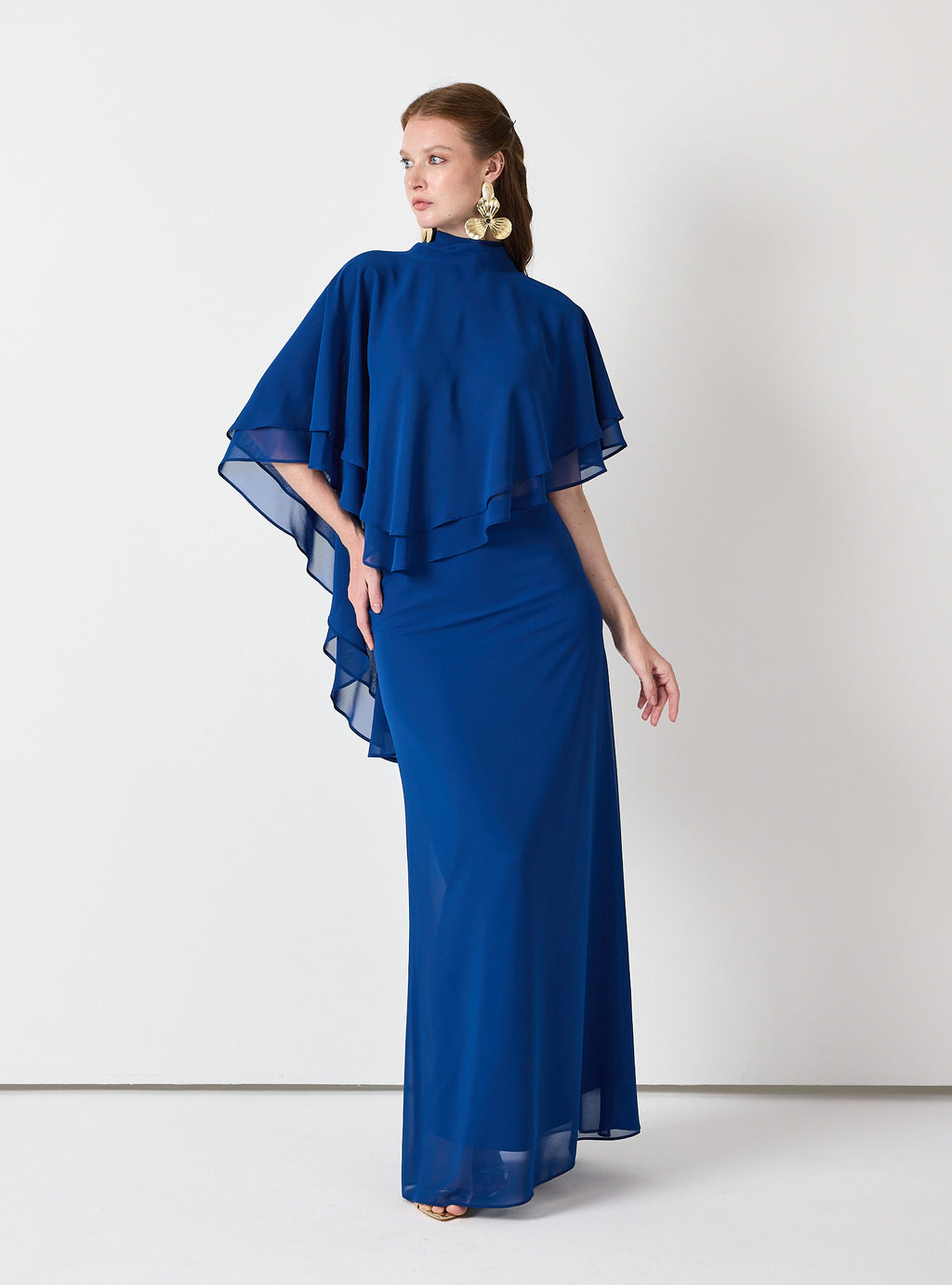 Sky Blue Chiffon Skirt Set with Layered Cape Top