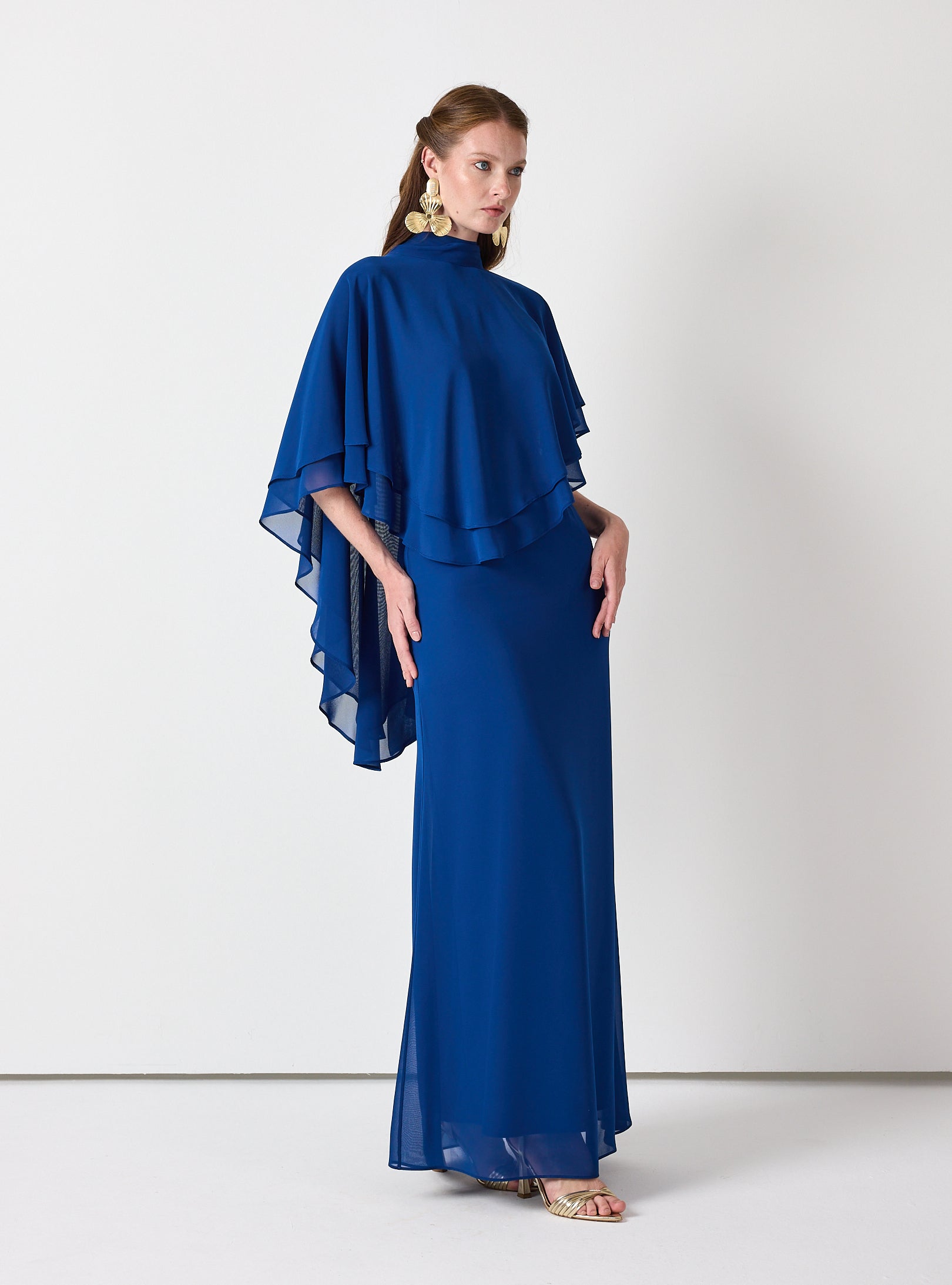 Sky Blue Chiffon Skirt Set with Layered Cape Top