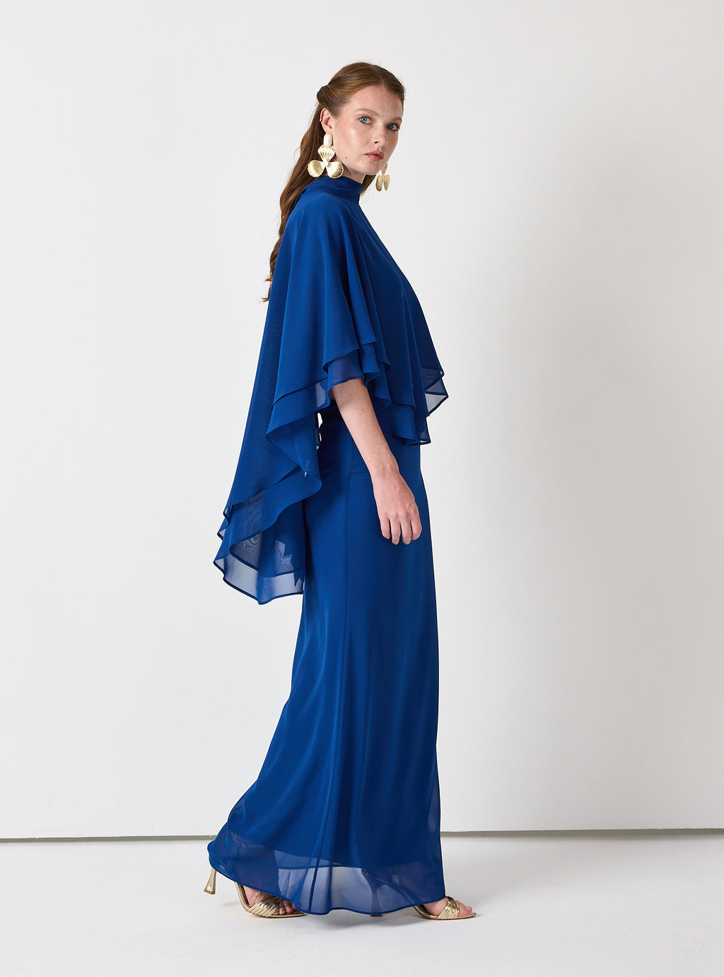 Sky Blue Chiffon Skirt Set with Layered Cape Top