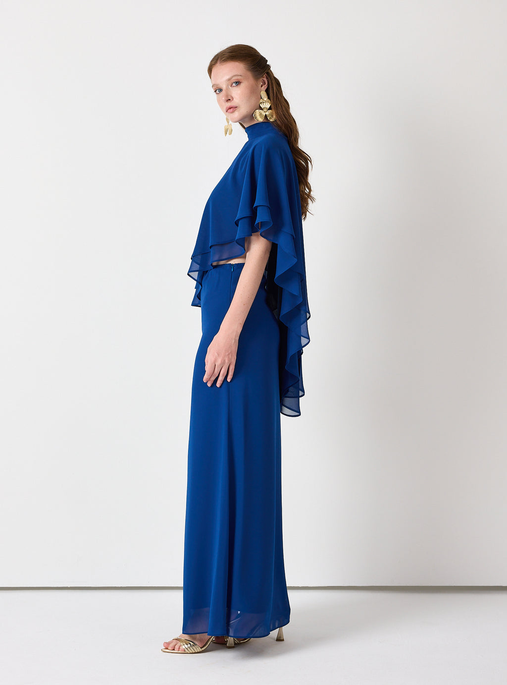 Sky Blue Chiffon Skirt Set with Layered Cape Top