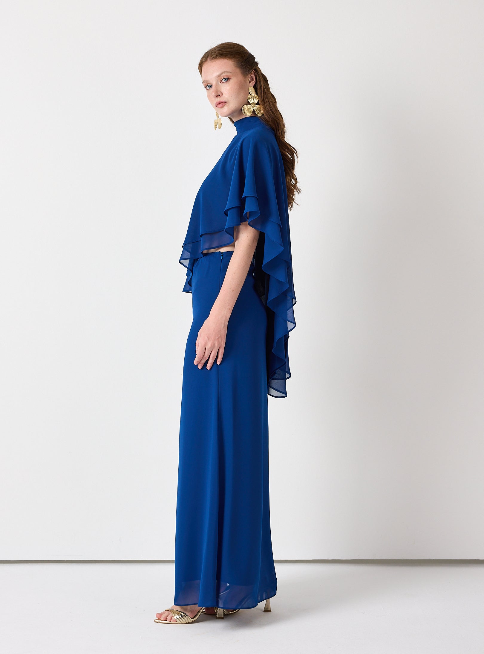 Sky Blue Chiffon Skirt Set with Layered Cape Top