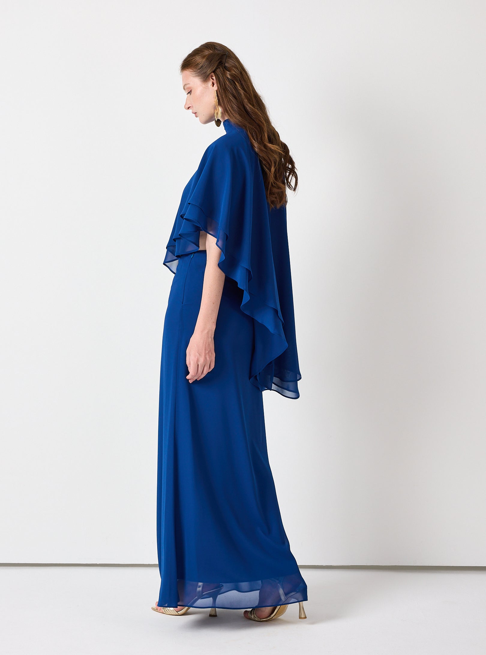 Sky Blue Chiffon Skirt Set with Layered Cape Top